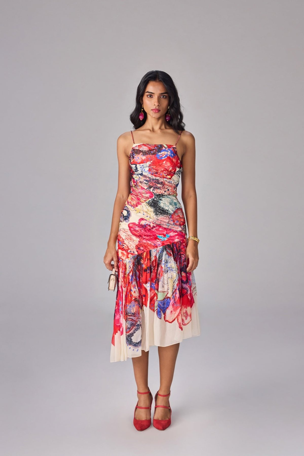 Multicolor Abstract Floral Asymmetric Chiffon Midi Dress