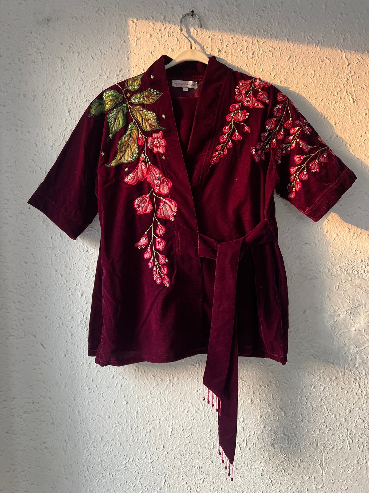 Maroon Velvet Floral Applique Wrap Kimono Top