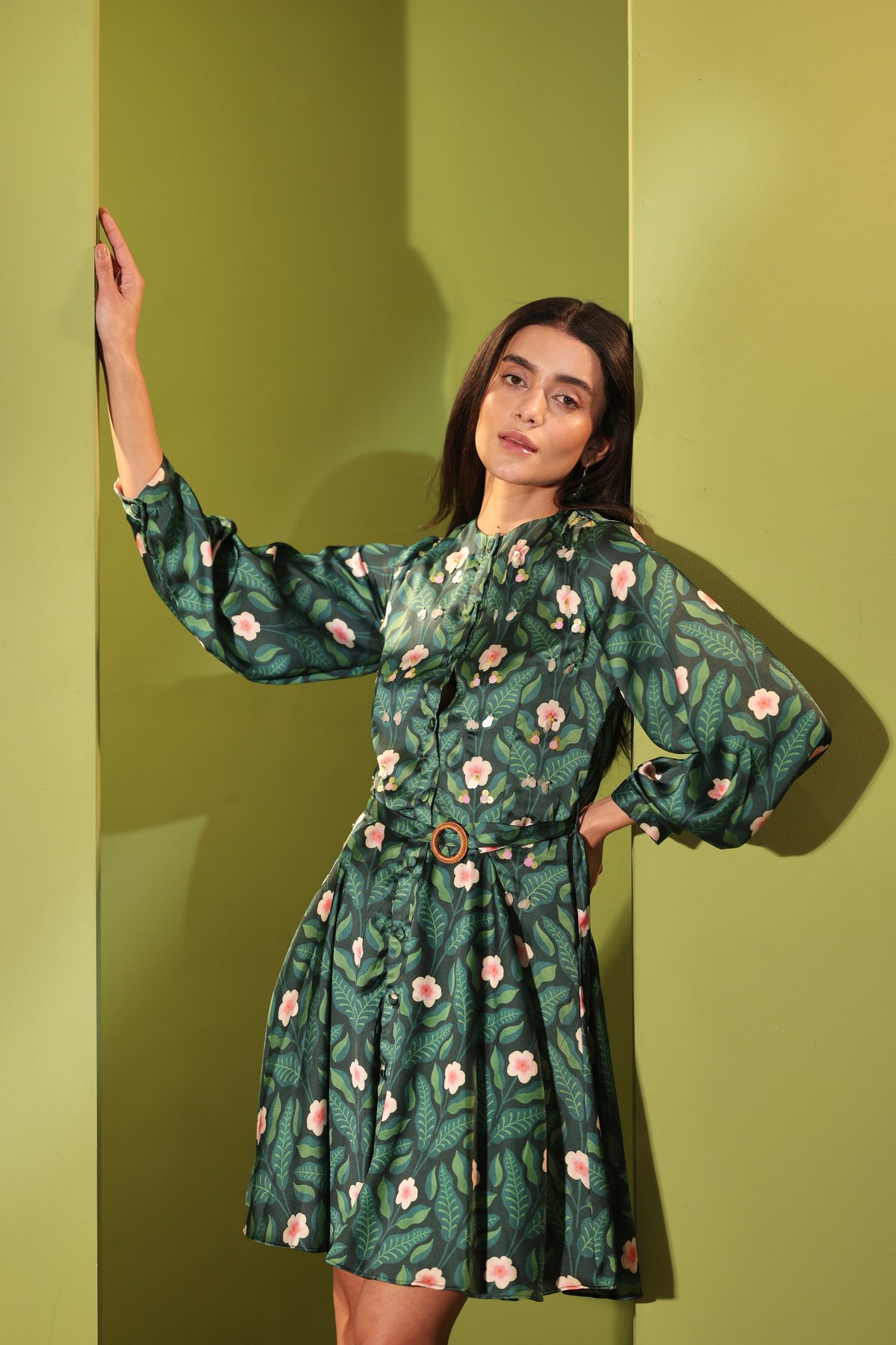 Multi/Green Floral Satin Belted Mini Shirt Dress