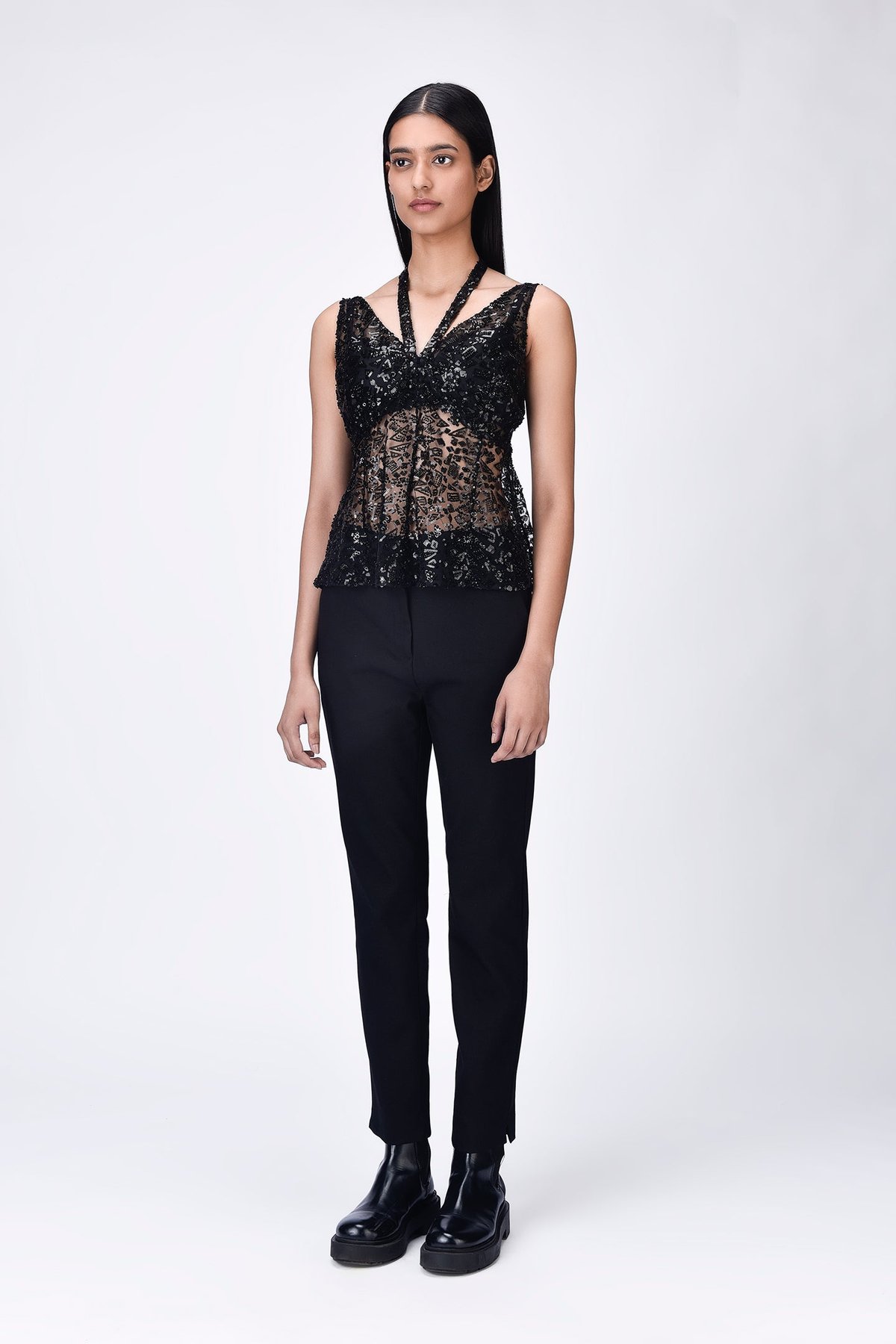 Black Embroidered Tulle Slim Fit Halter Tie-Up Top