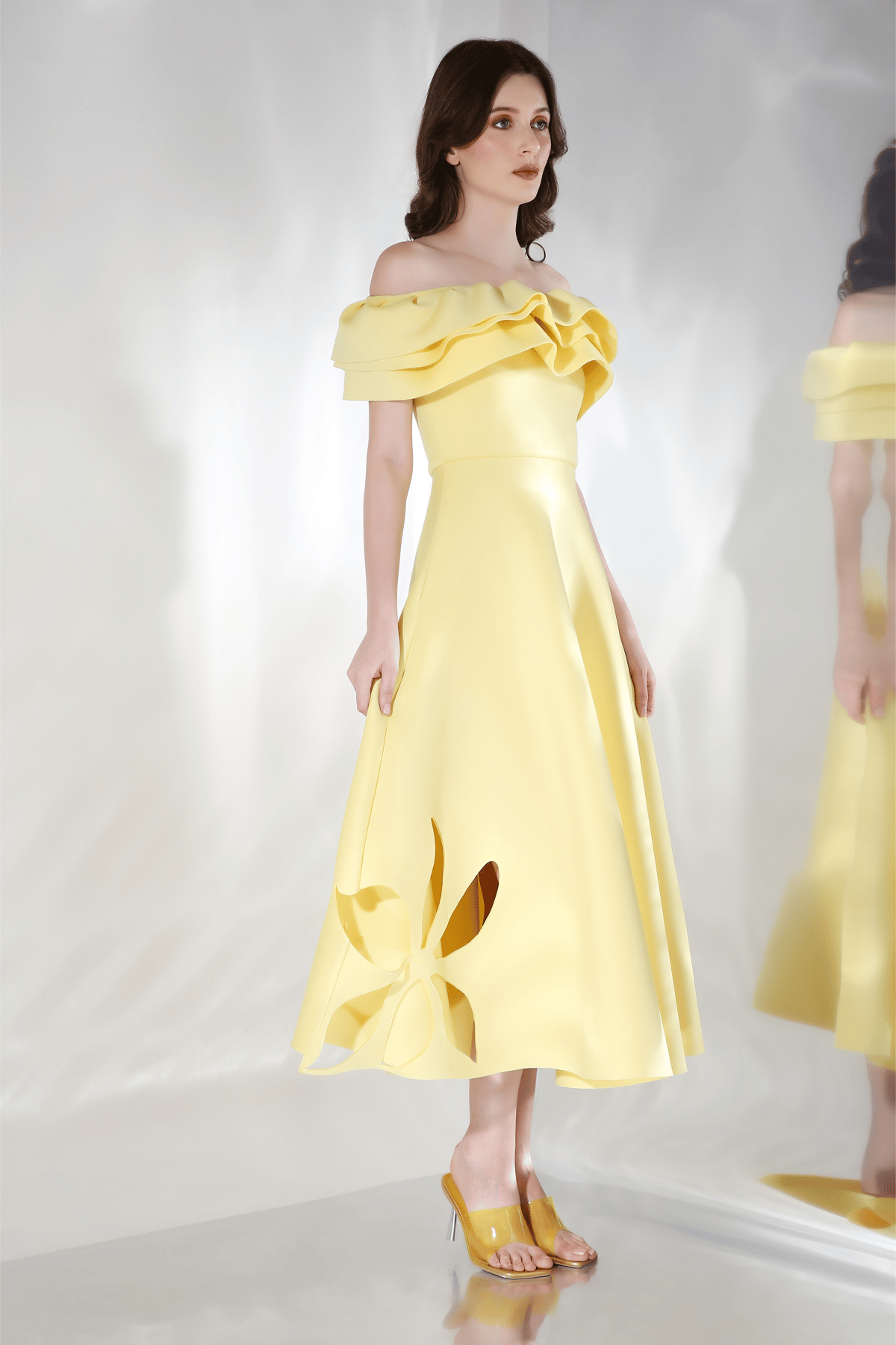 Light Yellow Fit and Flare Midi Dress with Ruffle Wrap