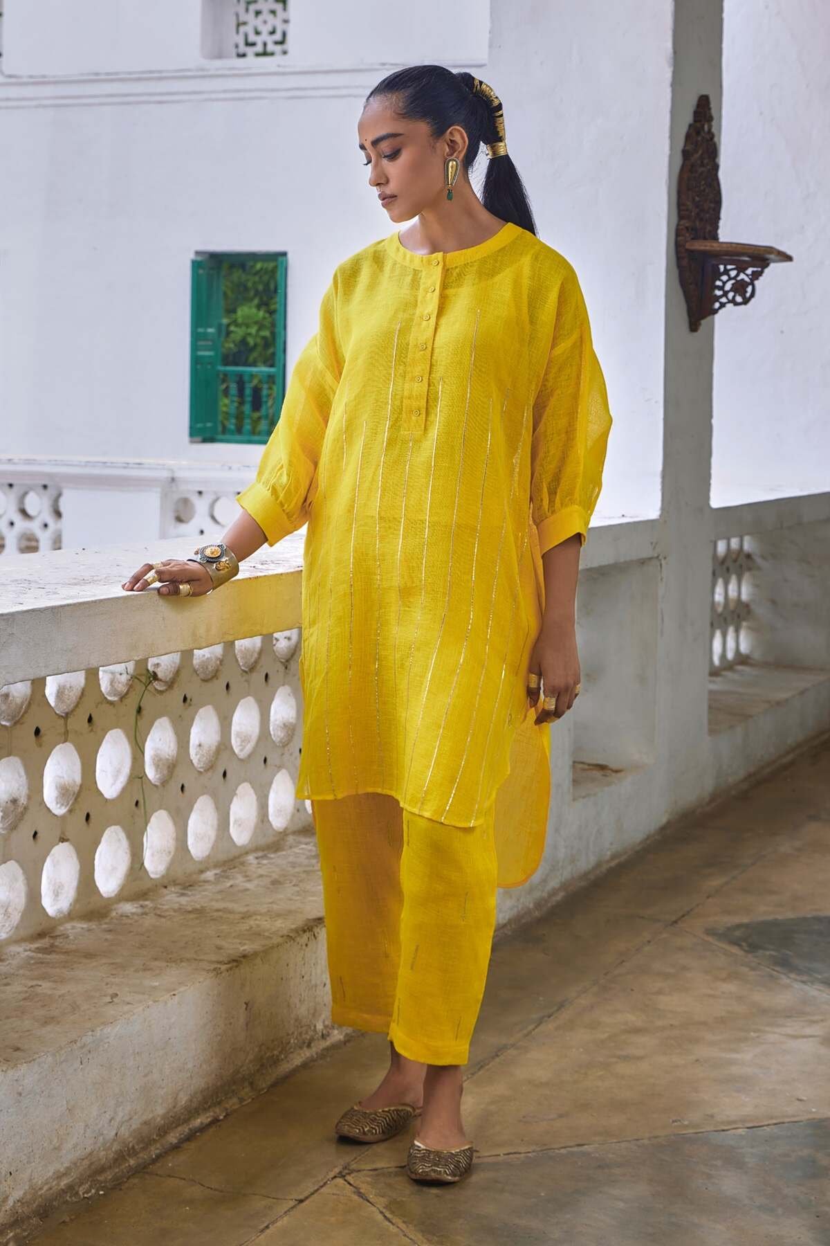 Yellow Linen Kurta Set with Gota Work and Pants