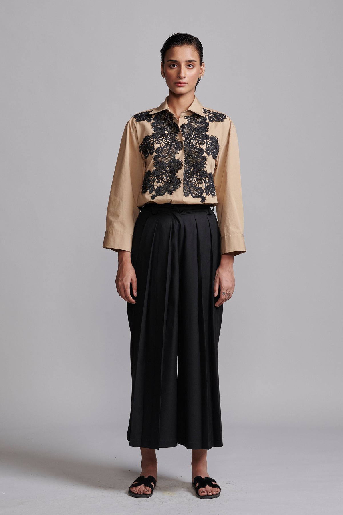 Khaki Cotton Poplin Shirt with Black Lace Applique