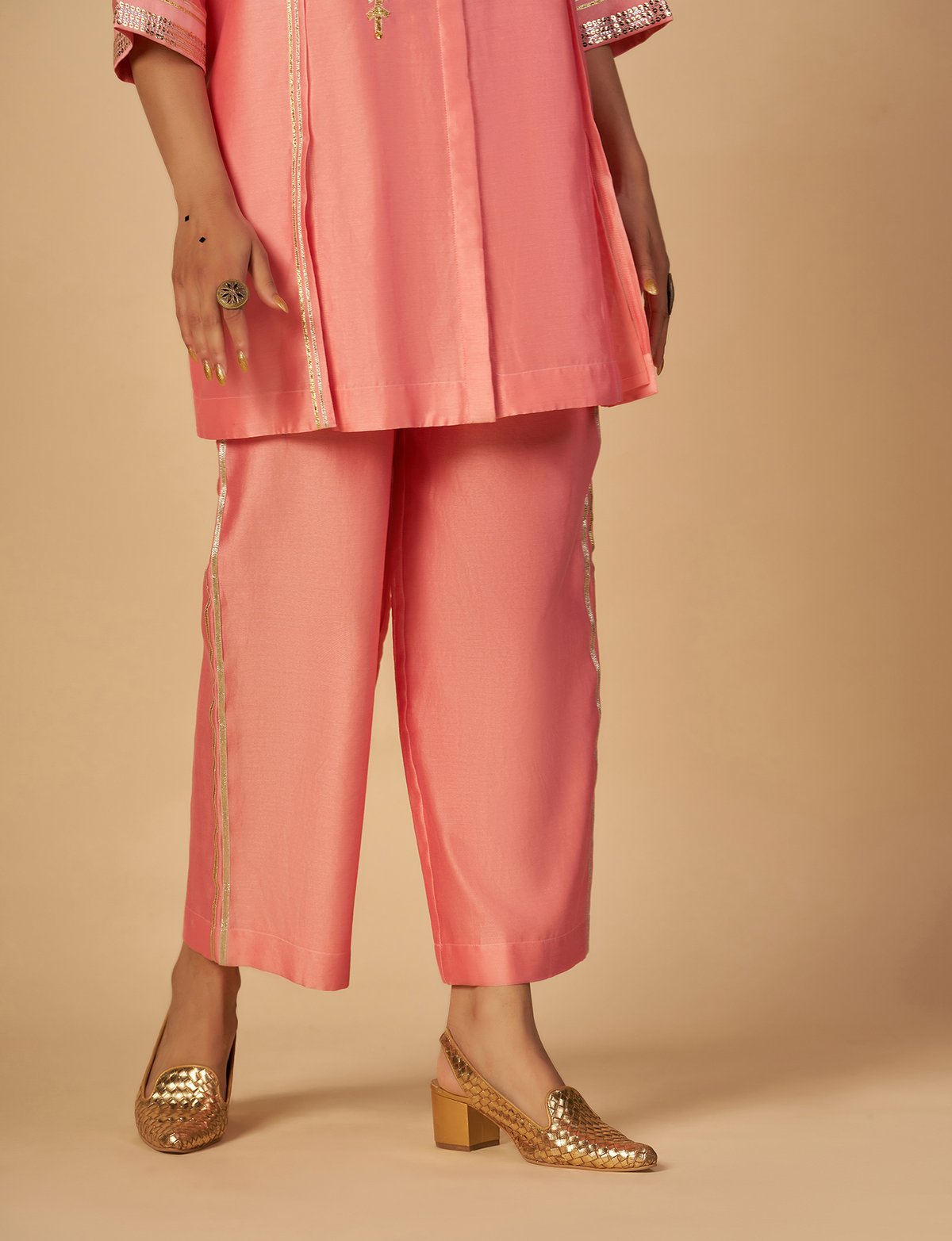 Pink Chanderi Straight-Leg Trousers