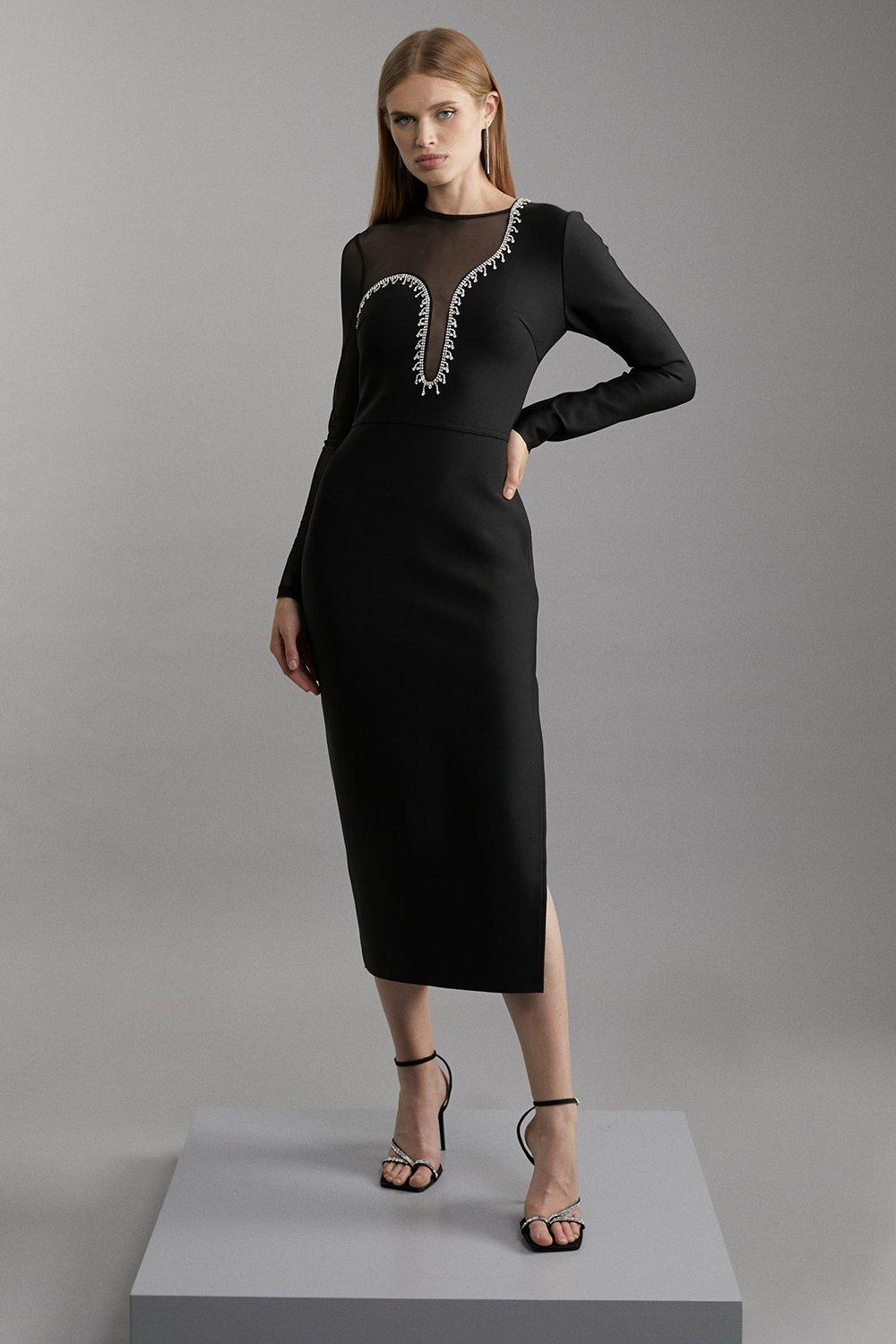 Figure Form Bandage Mesh Detail Asymmetric Trim Midi Dress
