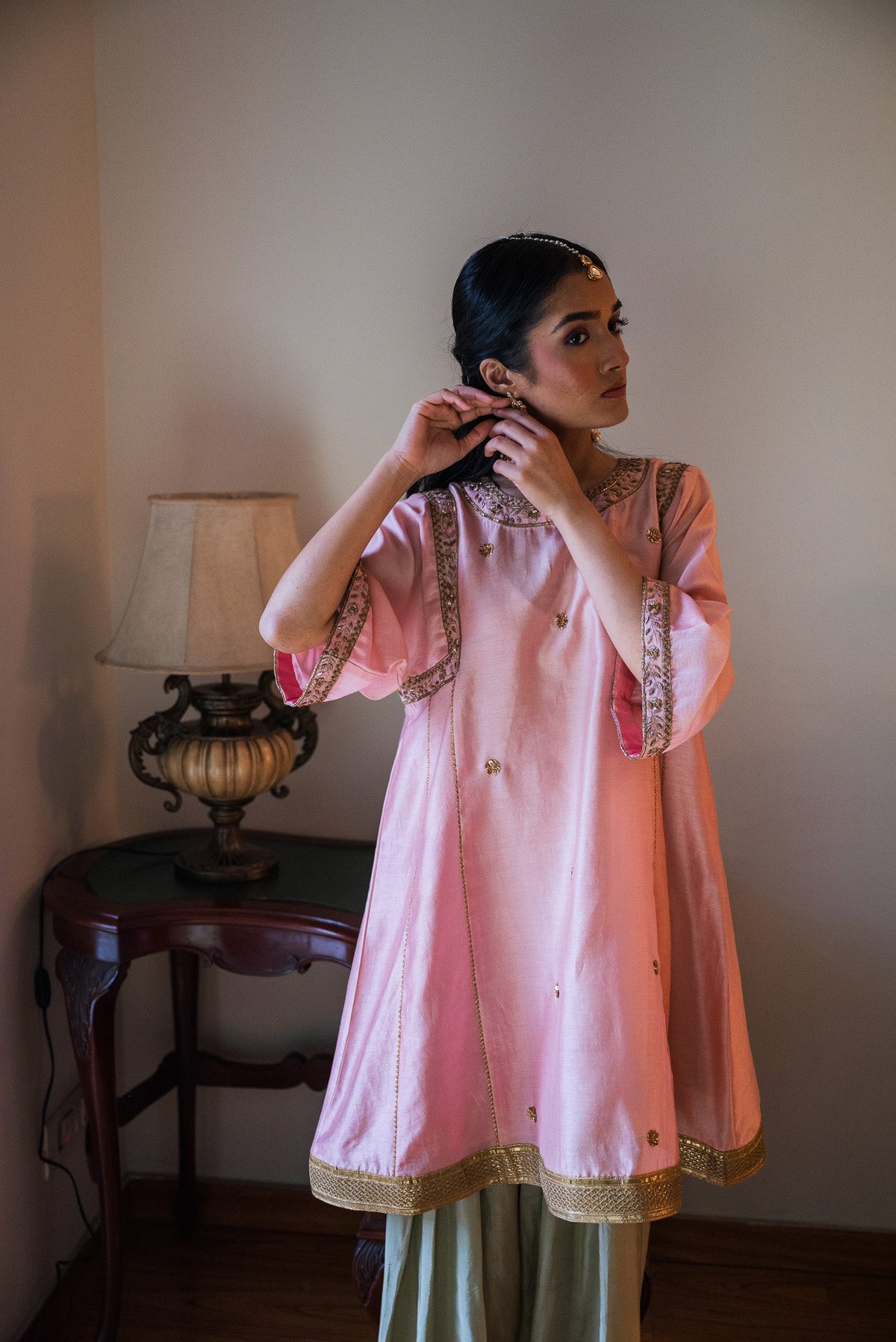 Sufi Choga In Blush Pink Chanderi With Pista Green Paki Salwar