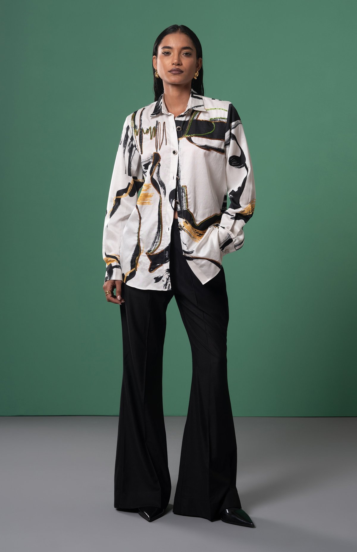 Abstract Print Embroidered Oversized Twill Shirt