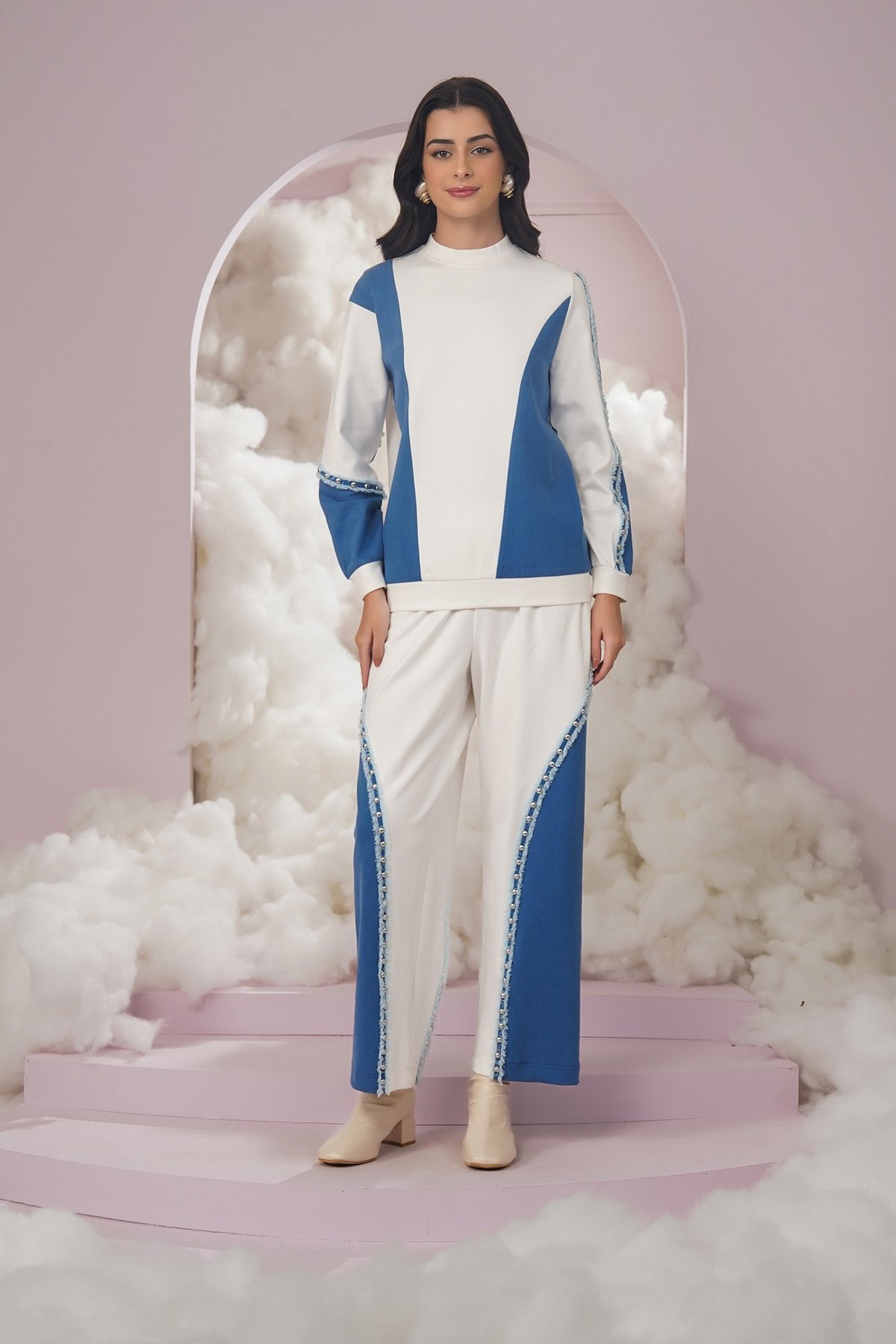 Blue and White Colorblocked Pullover Sweatshirt