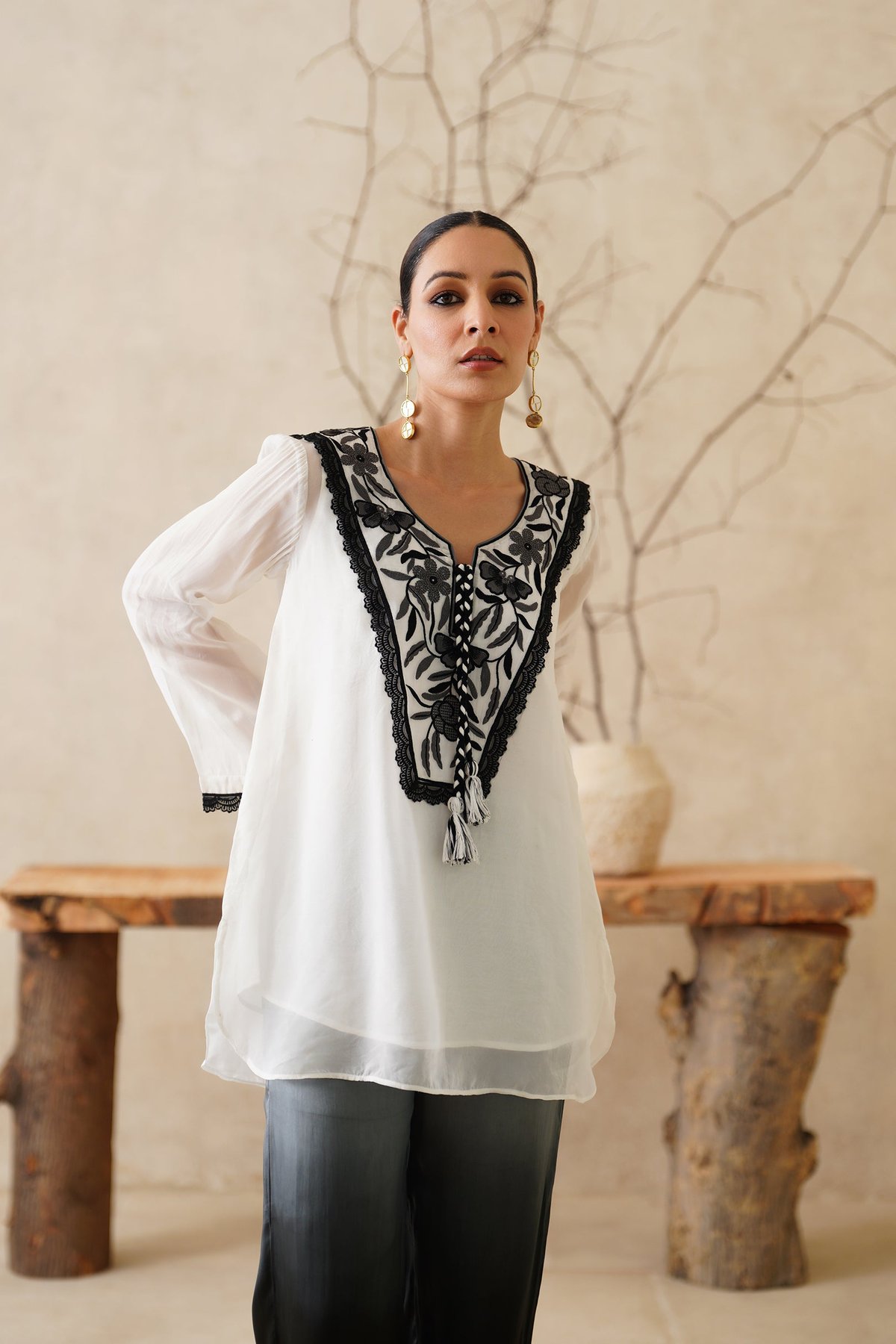 White Organza Tunic Top and Ombre Pants 3-Piece Co-ord Set