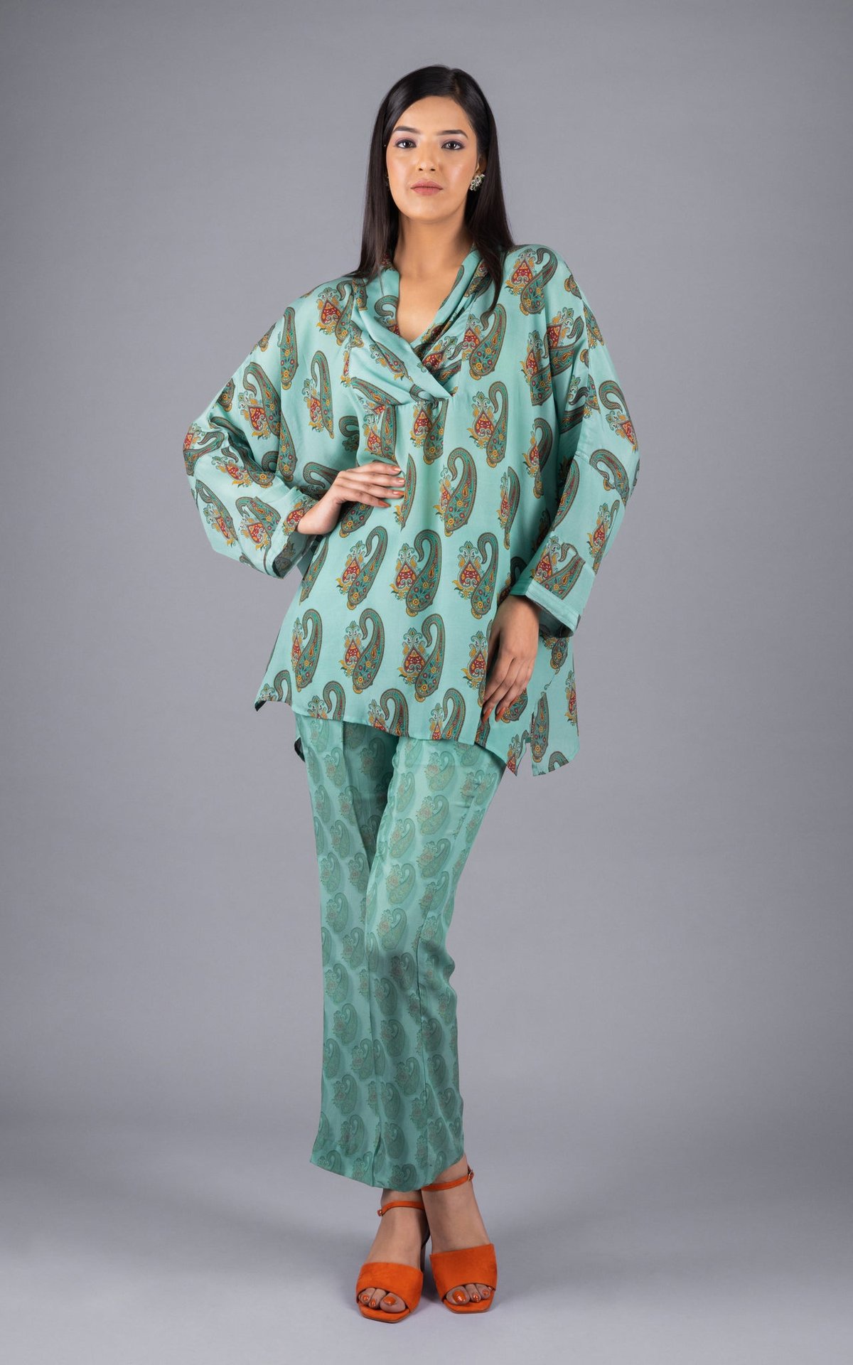 Turquoise Paisley Printed Crepe Co-ord Set