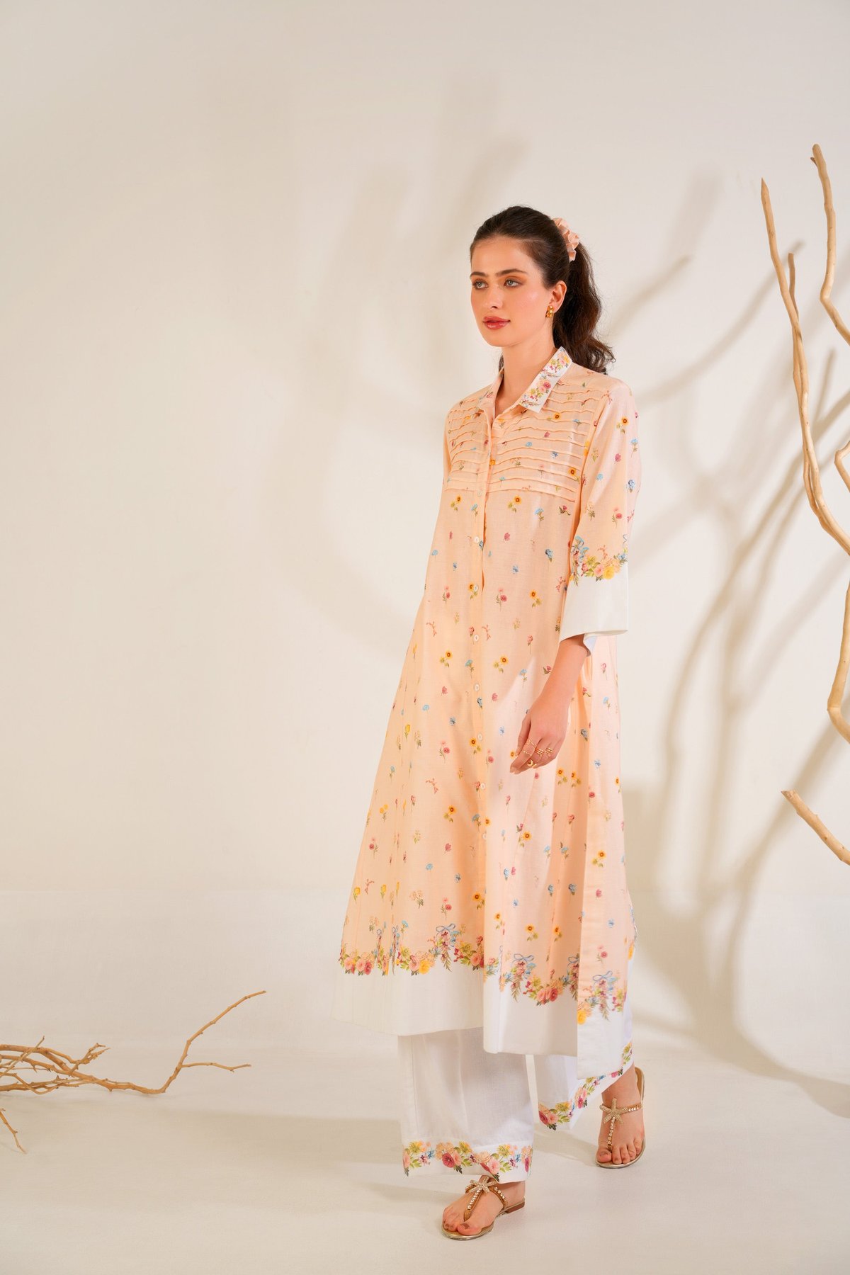 Peach Floral Cotton Linen Kurta and Trouser Set