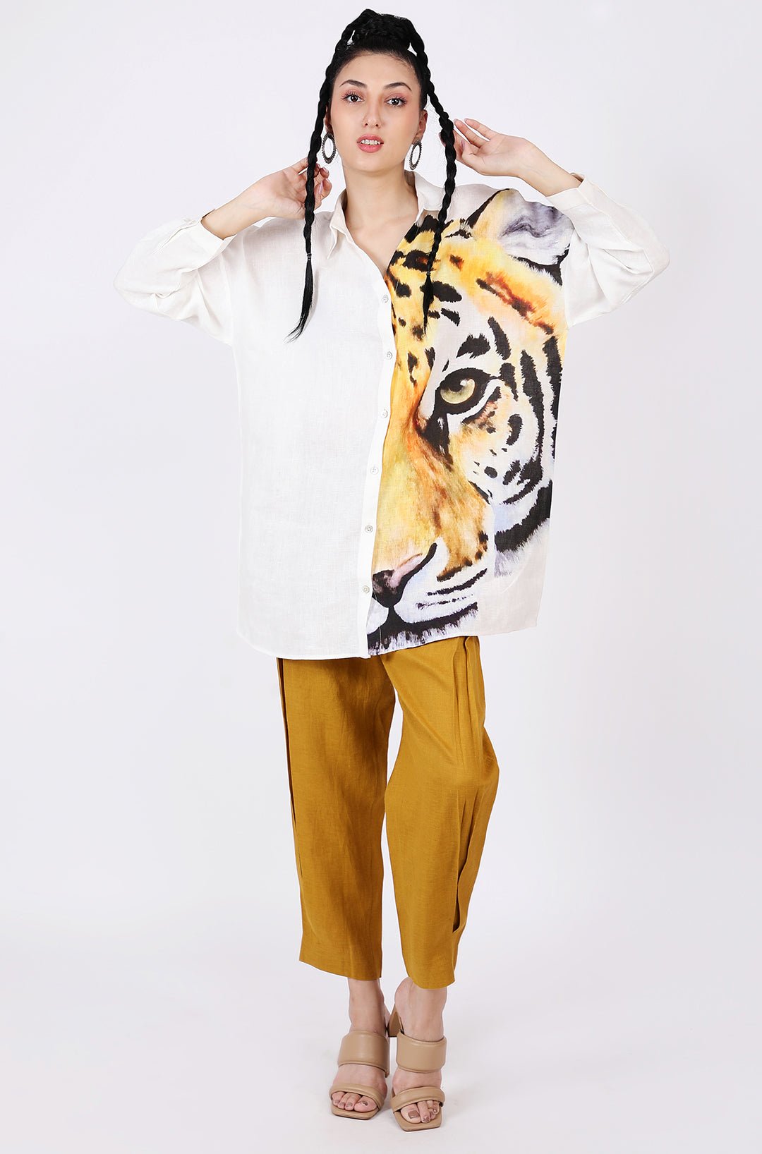 Ivory Tiger Print Linen Lounge Shirt