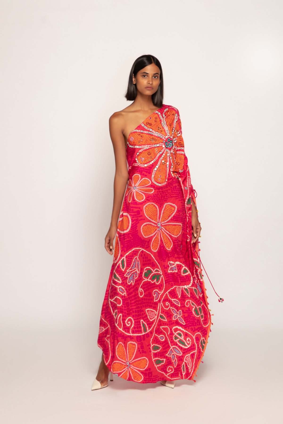 Pink/Orange One-Shoulder Silk Kaftan with Mirrorwork