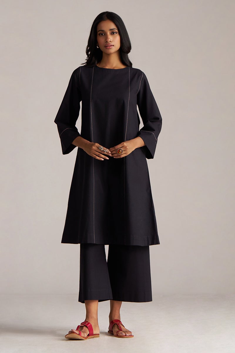 Black Cotton-Linen Kurta and Wide-Leg Pants Co-ord Set