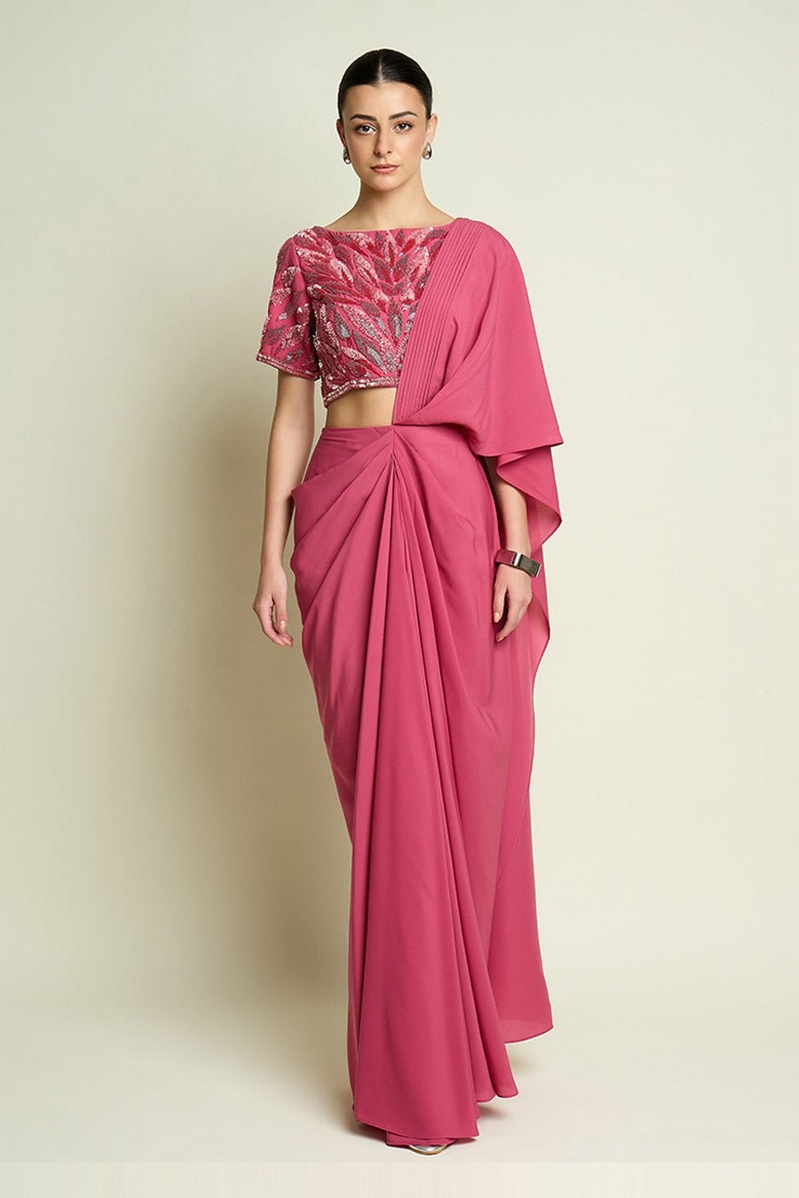 Pink Pre-Draped Saree With Embellished Blouse