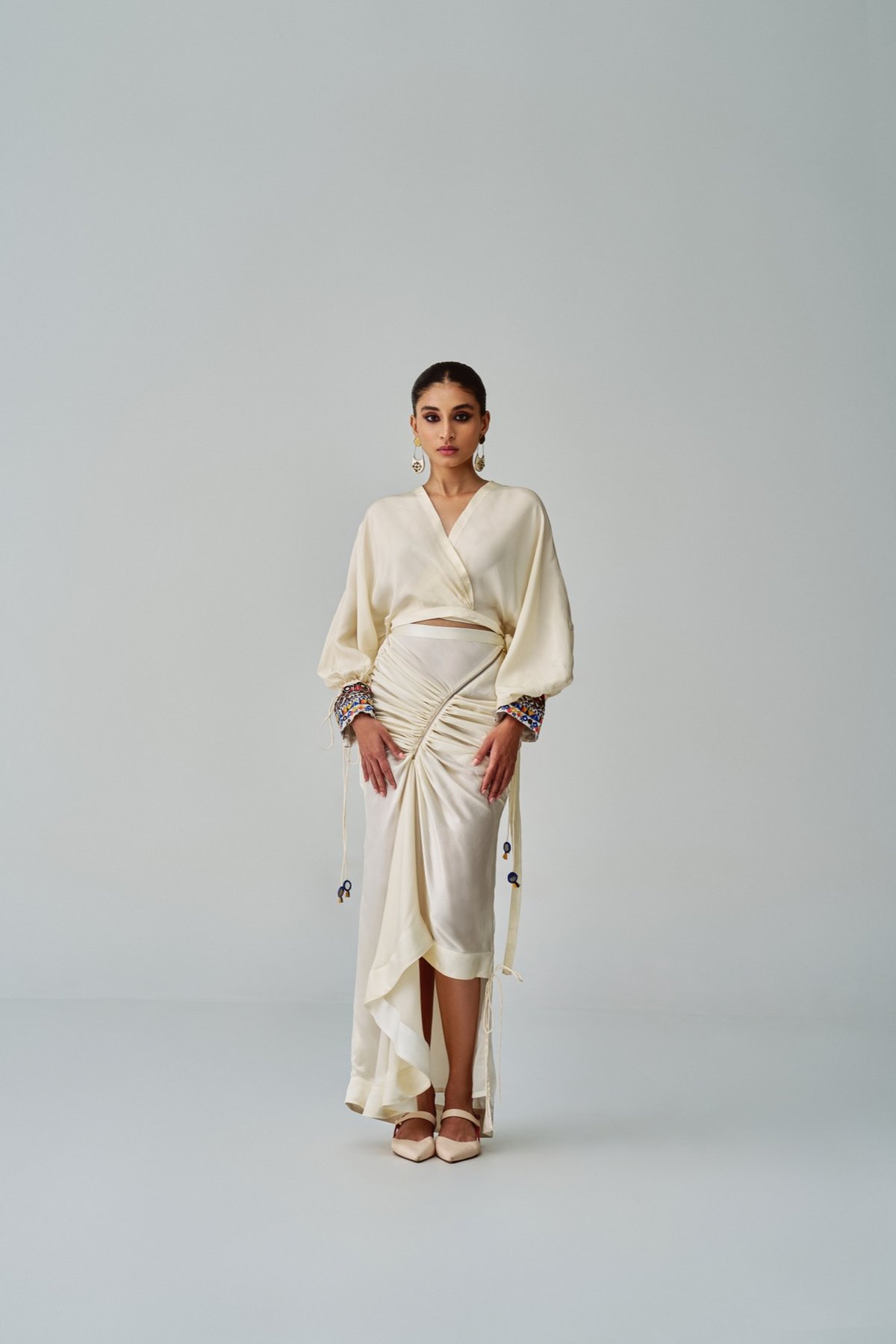 Ivory Habutai Wrap Blouse with Mirror-Work Embroidered Cuffs
