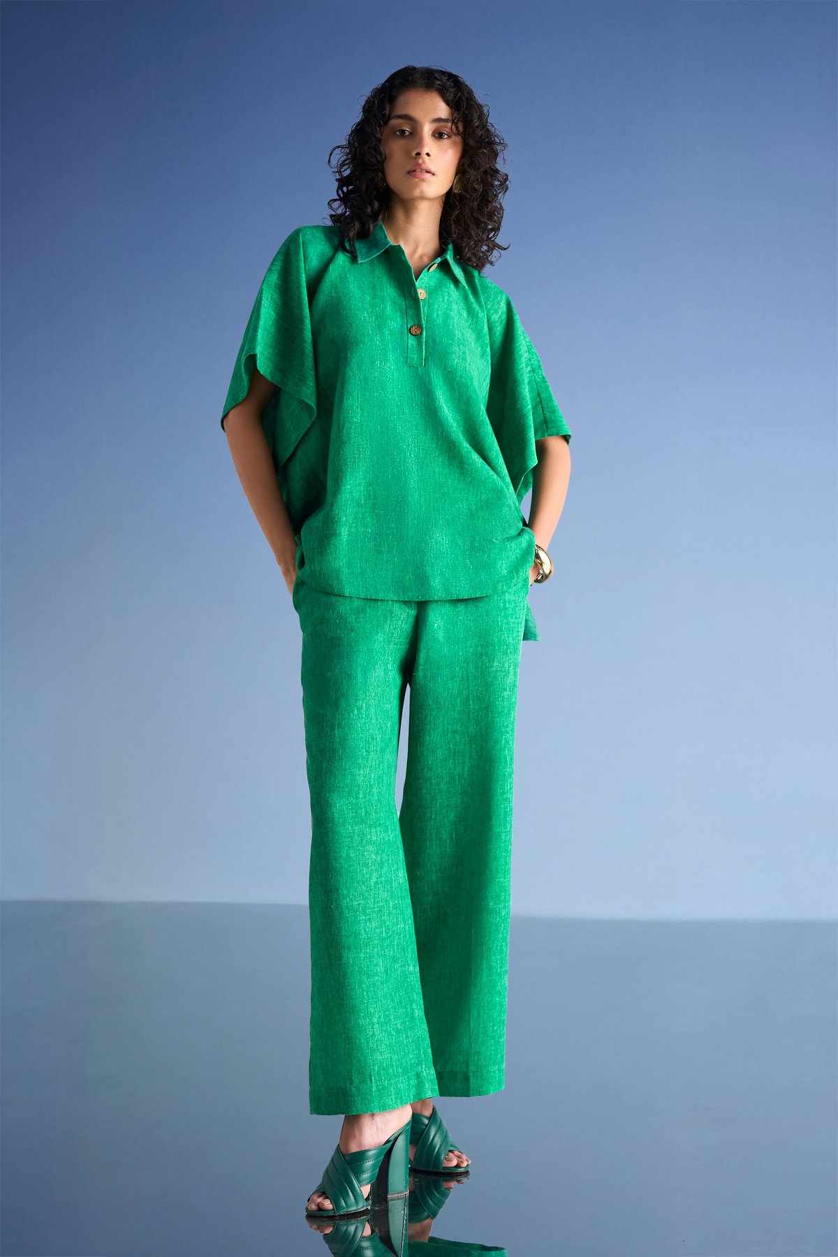 Green Straight Cut Linen-Blend Trousers