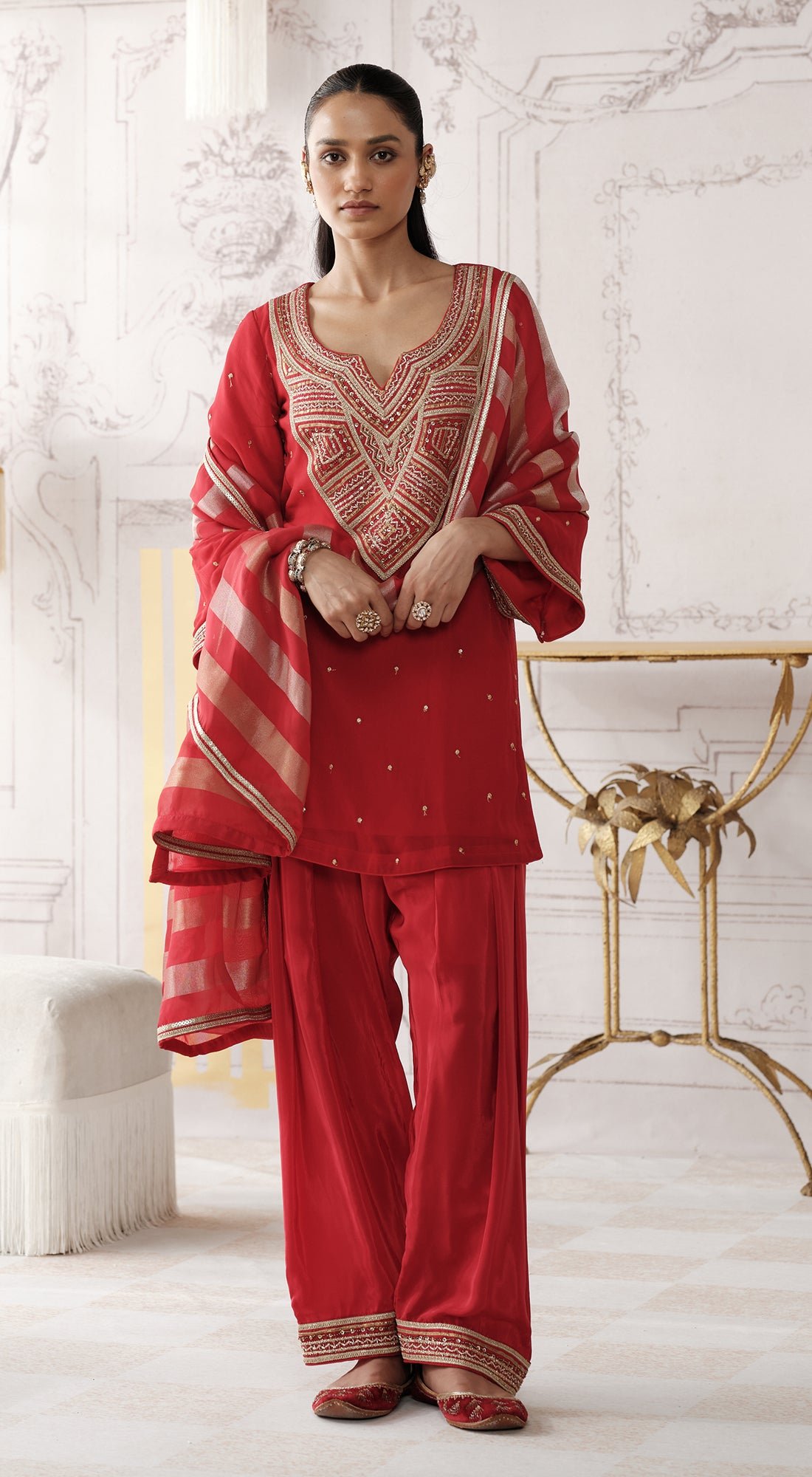 Red V-Neck Embroidered Kurta Set with Palazzo and Dupatta