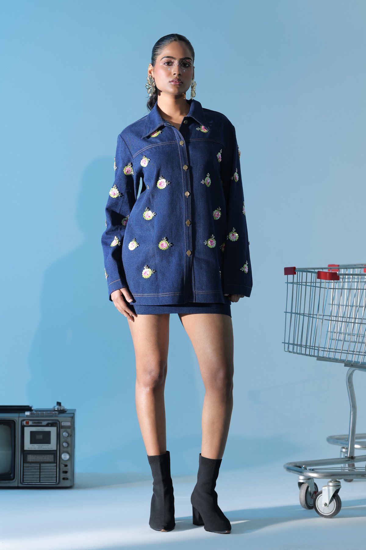 Blue Denim Longline Jacket with Rosebud Embroidery