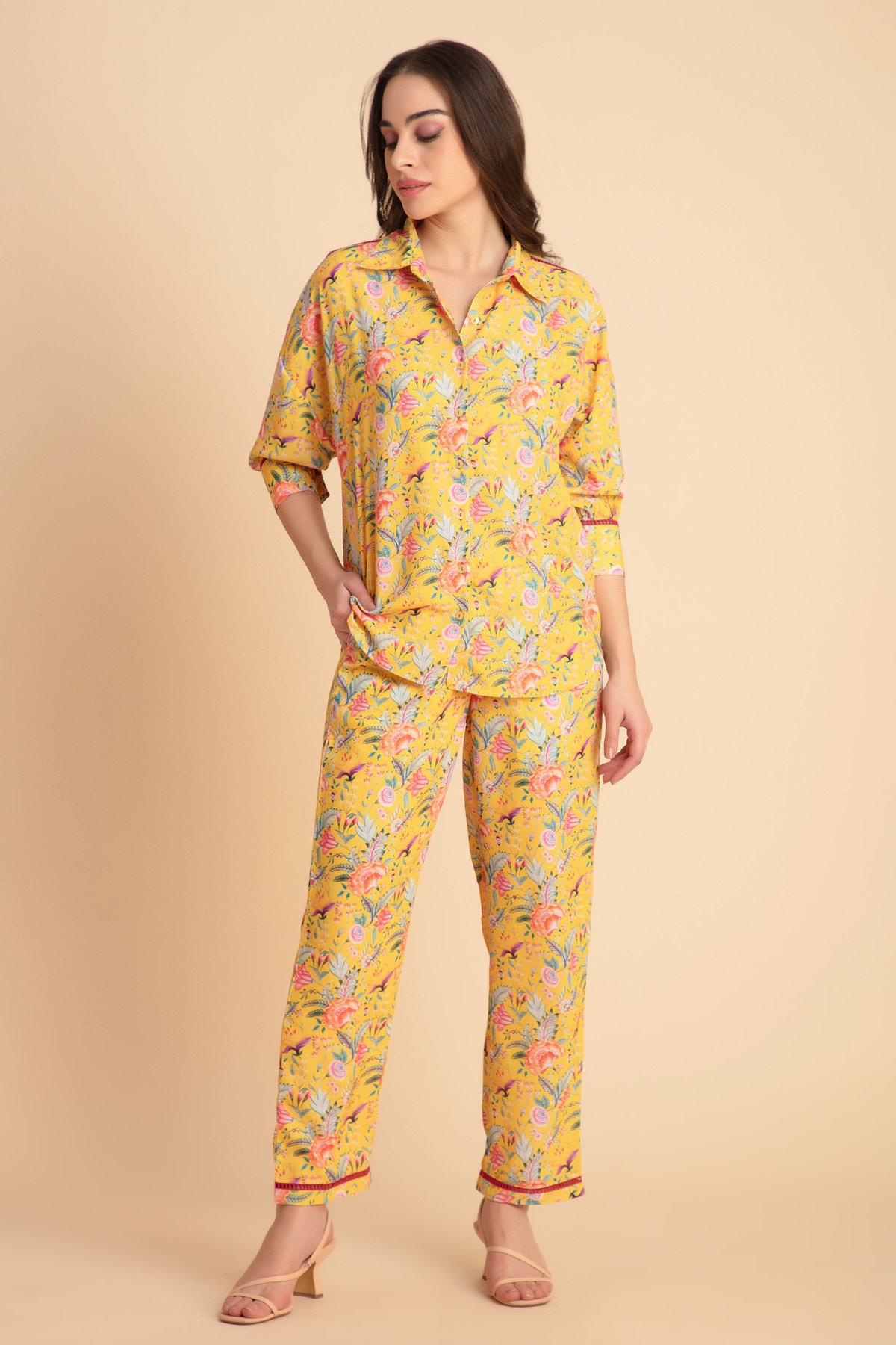 Yellow Floral Printed Shirt and Trouser Co-ord Set