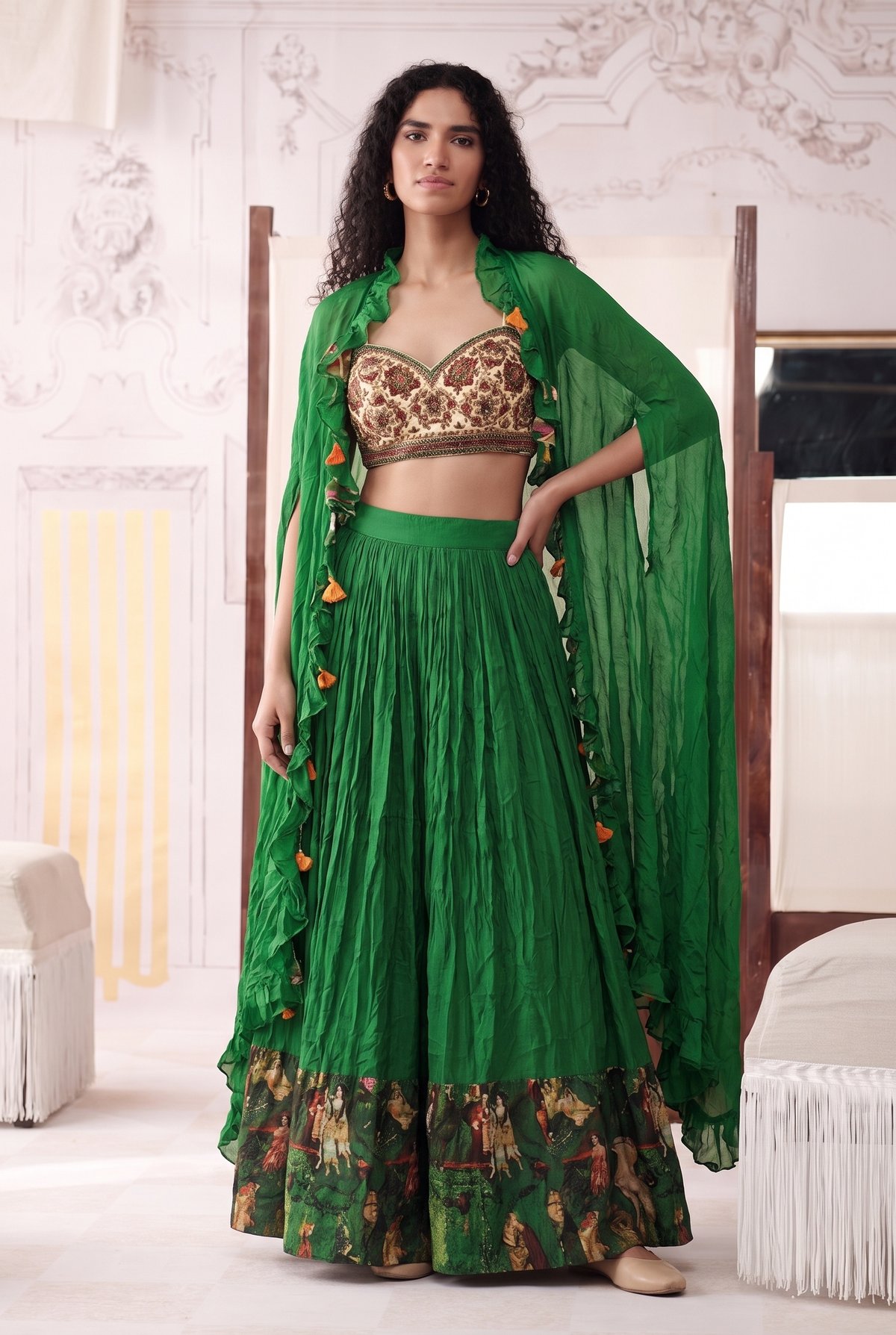 Green Skirt Set with Cape