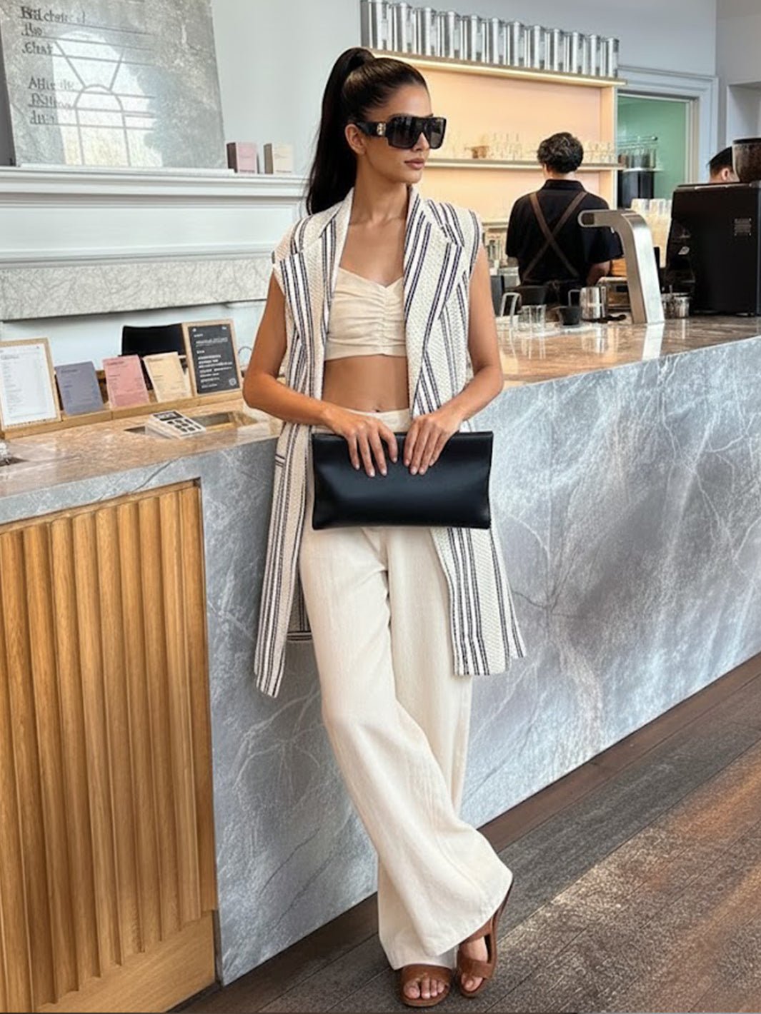 Beige Striped Crochet Jacket 3-Piece Co-ord Set