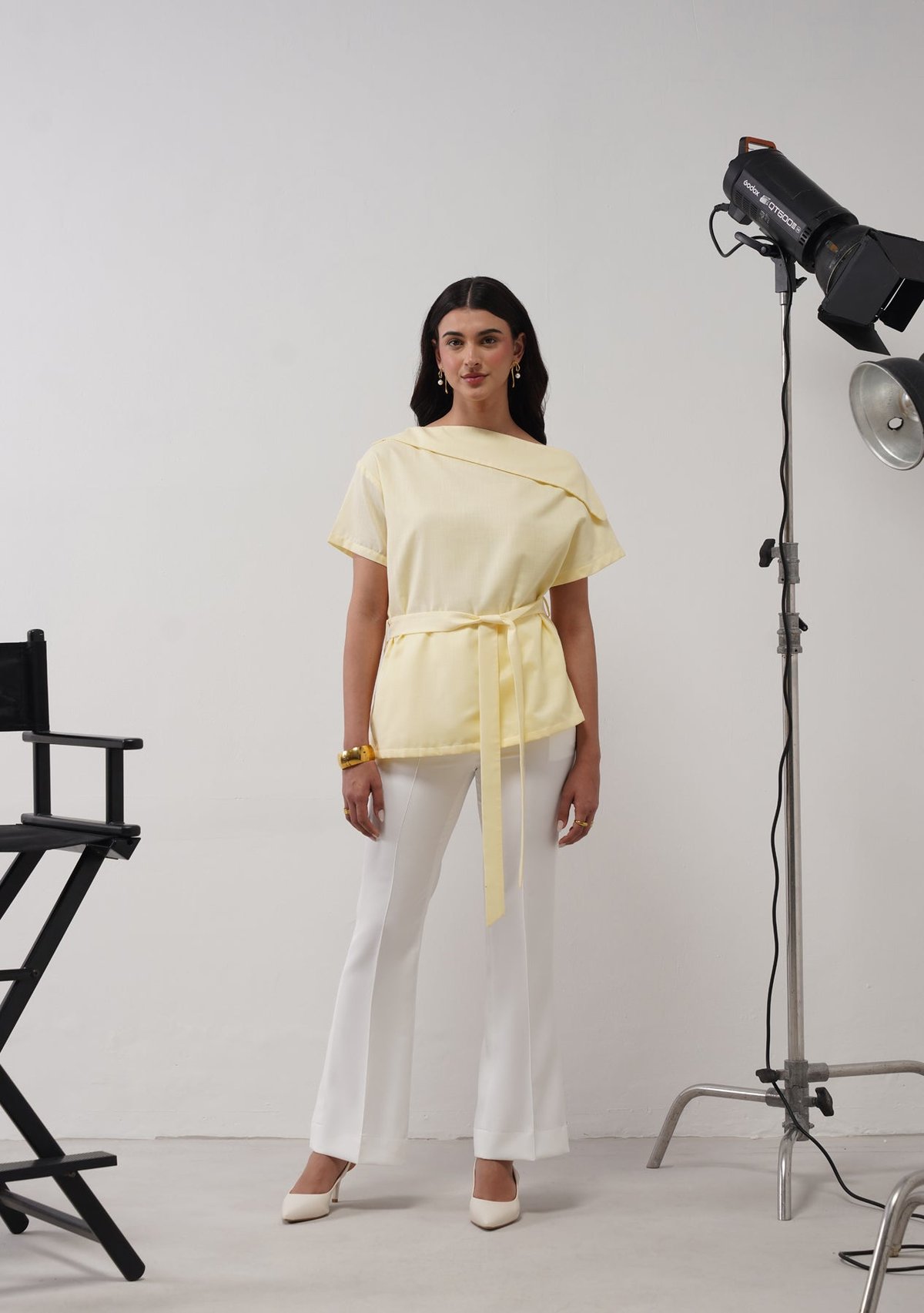 Butter Yellow Asymmetric Neck Co-ord Set with Belt