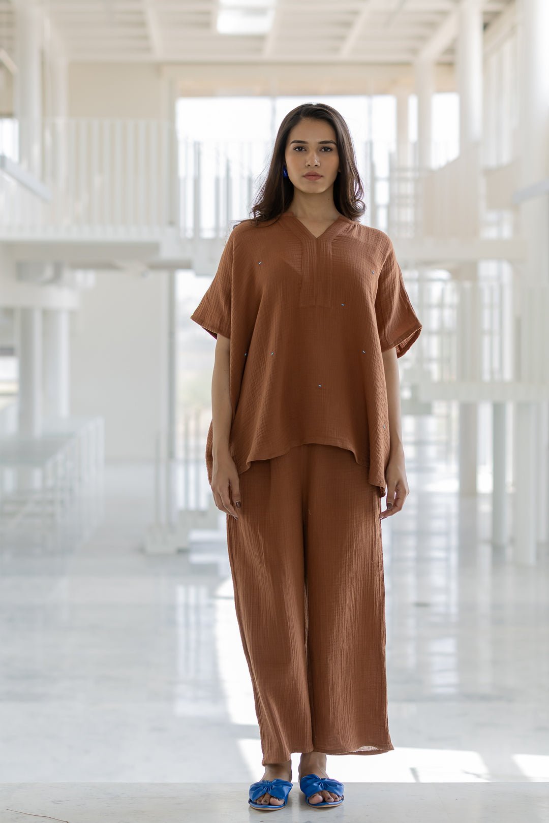 Brown Cotton V-Neck Top and Straight-Leg Pants Co-ord Set