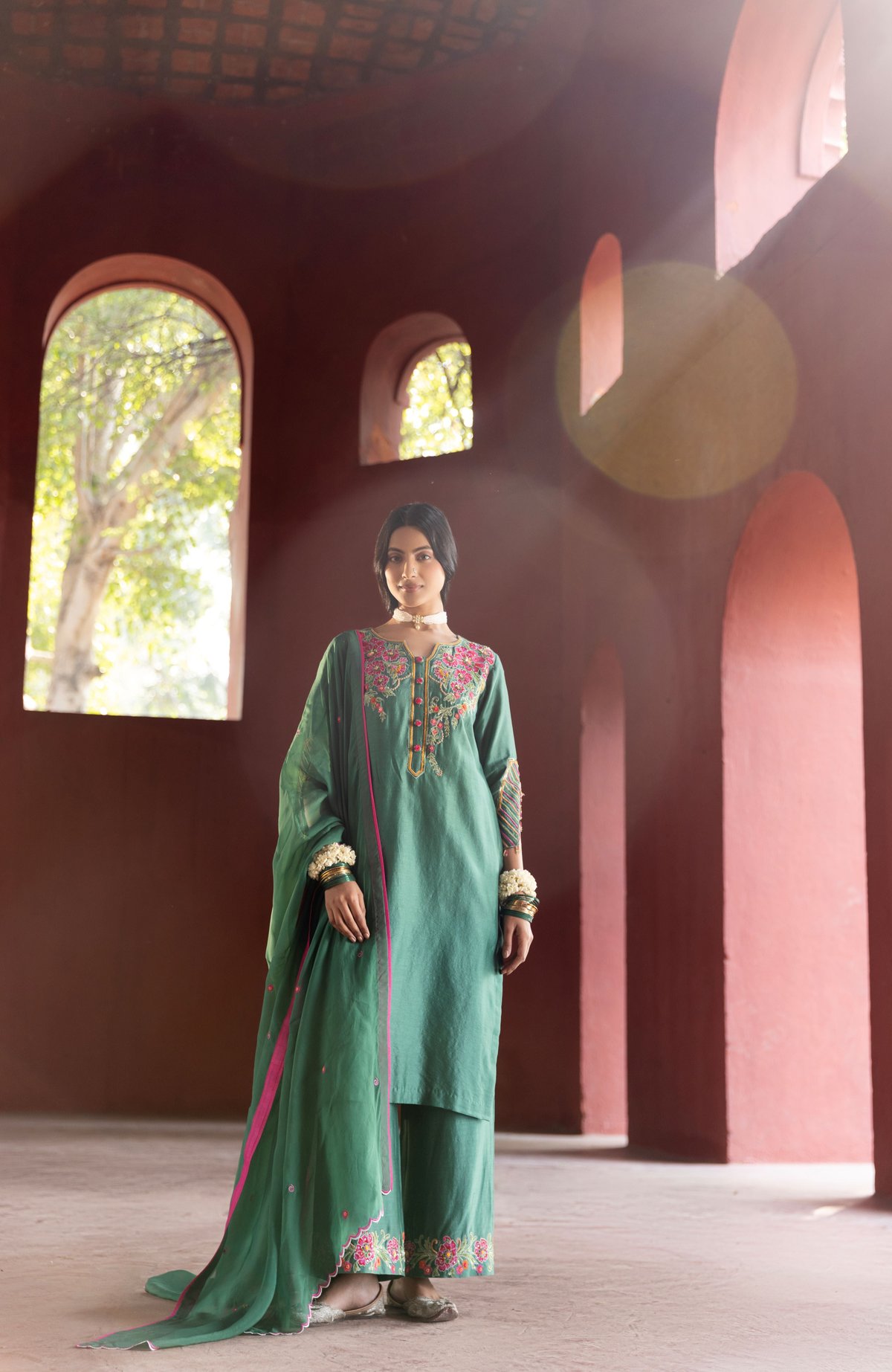 Floral Embroidered Suit Set Green