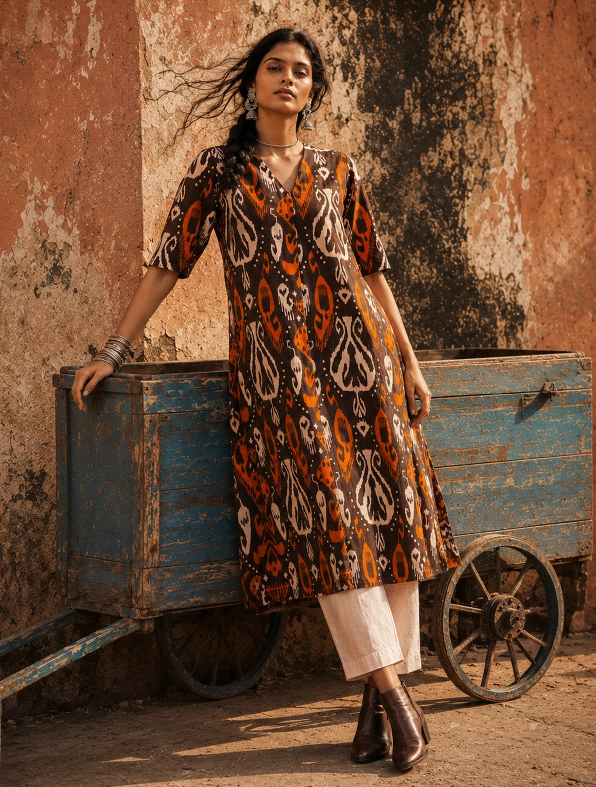 Cola Orange Ikat Print Cotton High-Slit Kurta Set