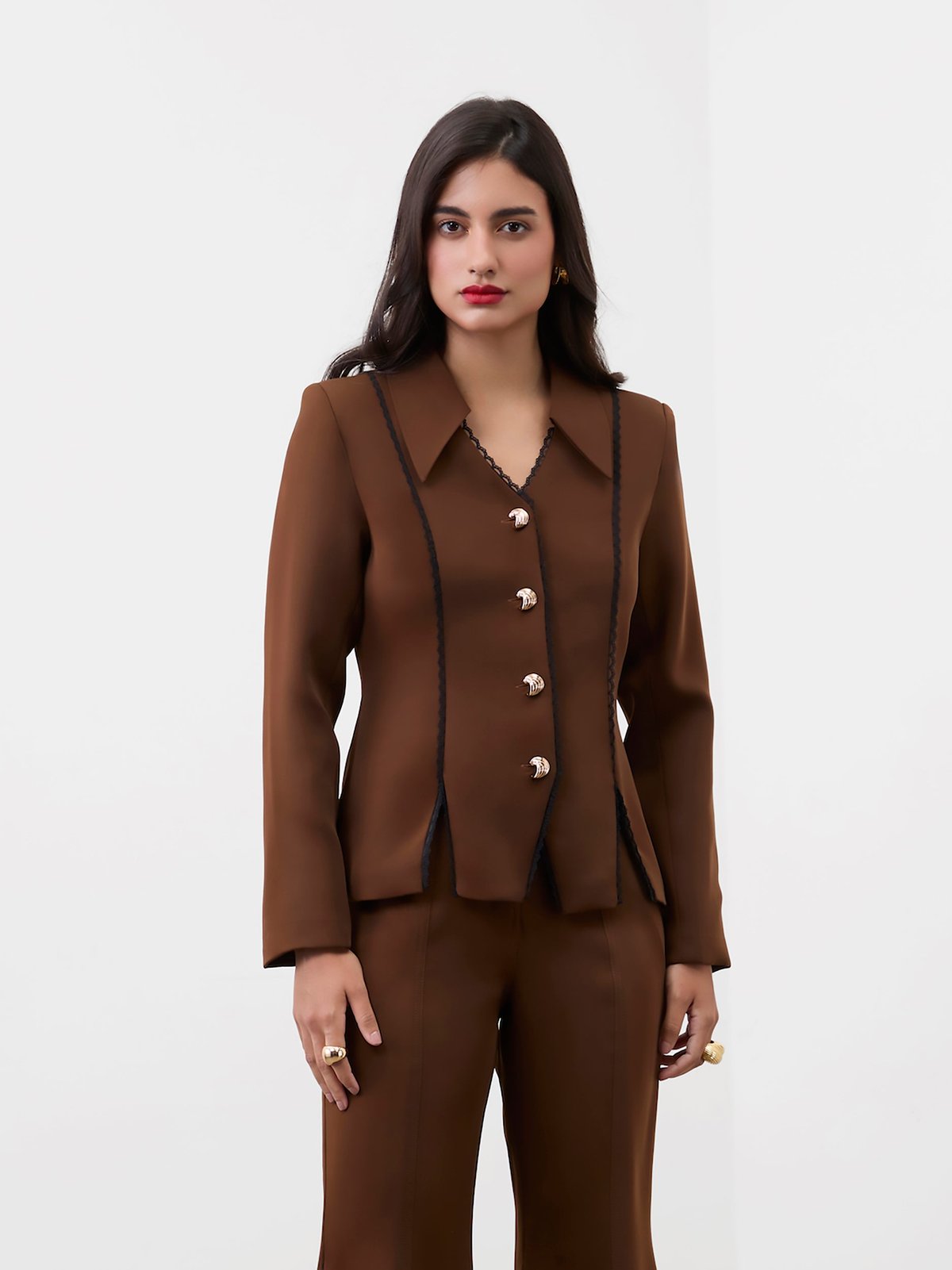 Mocha Brown Lace-Detail Blazer-Style Top
