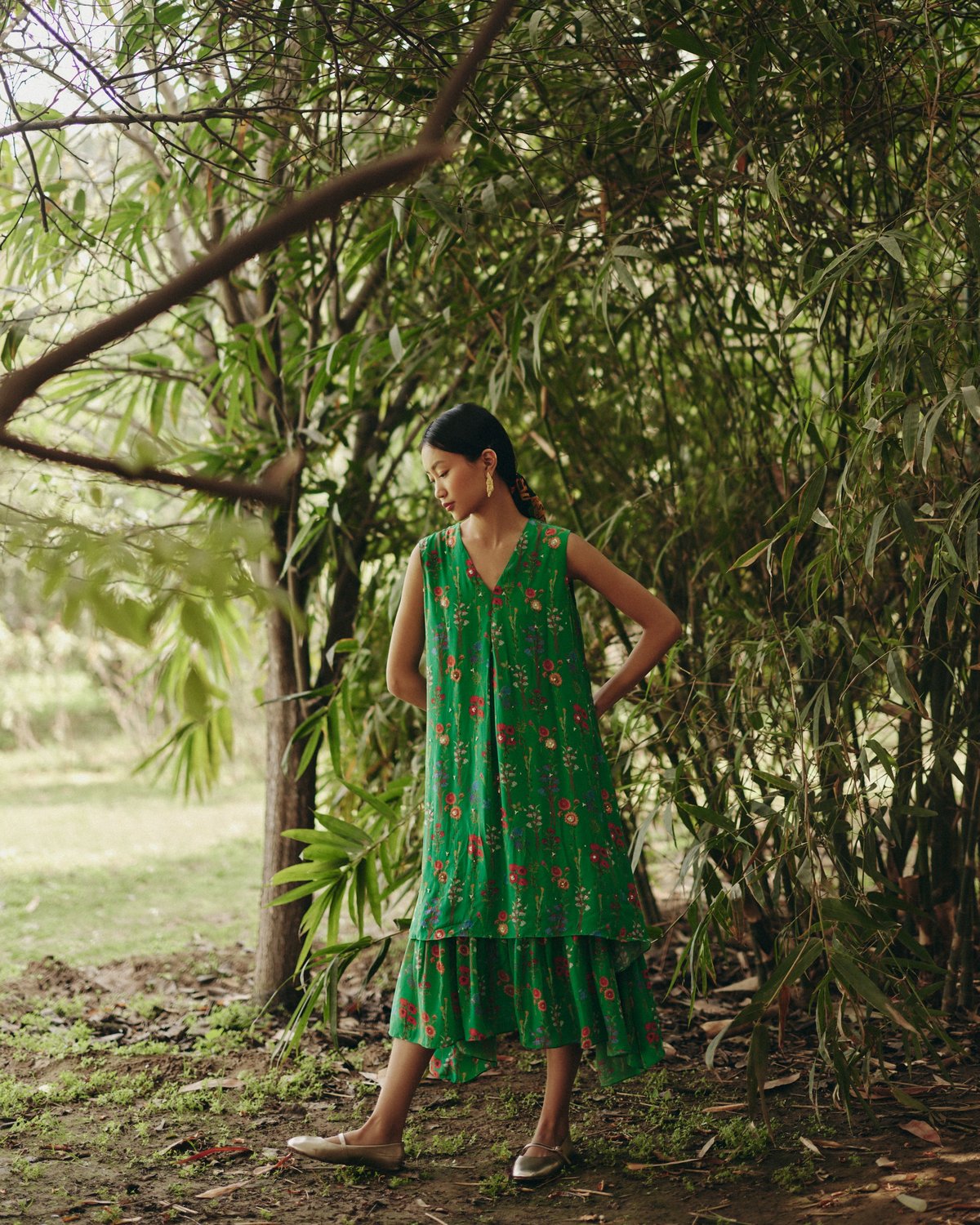 Green Floral Embroidered A-Line Midi Dress