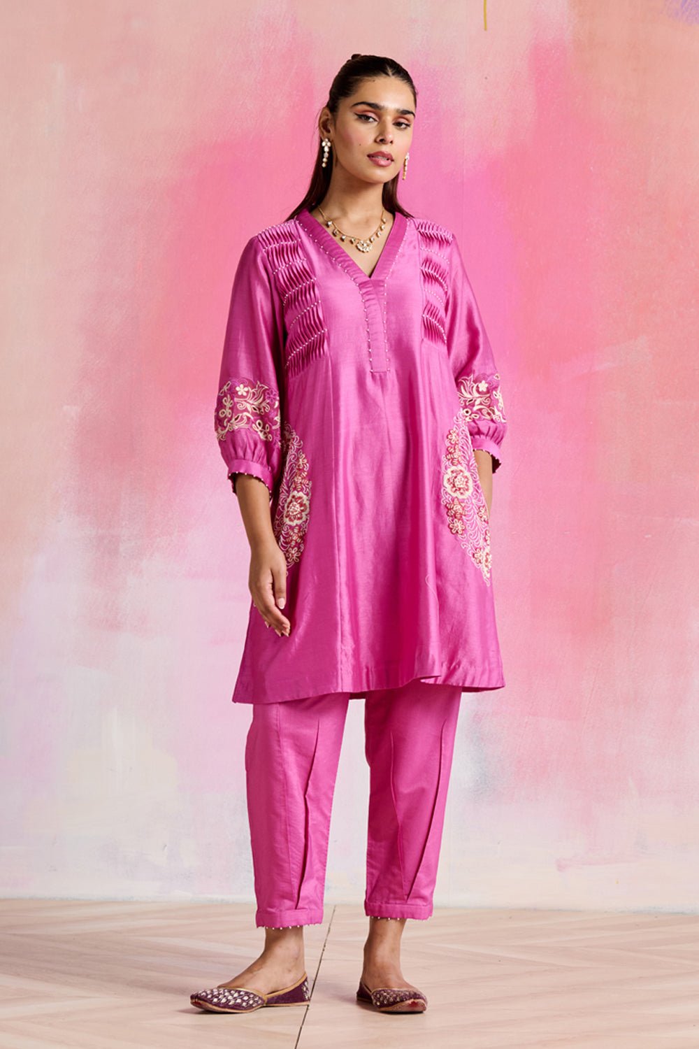 Pink Chanderi Embellished A-Line Kurta Set