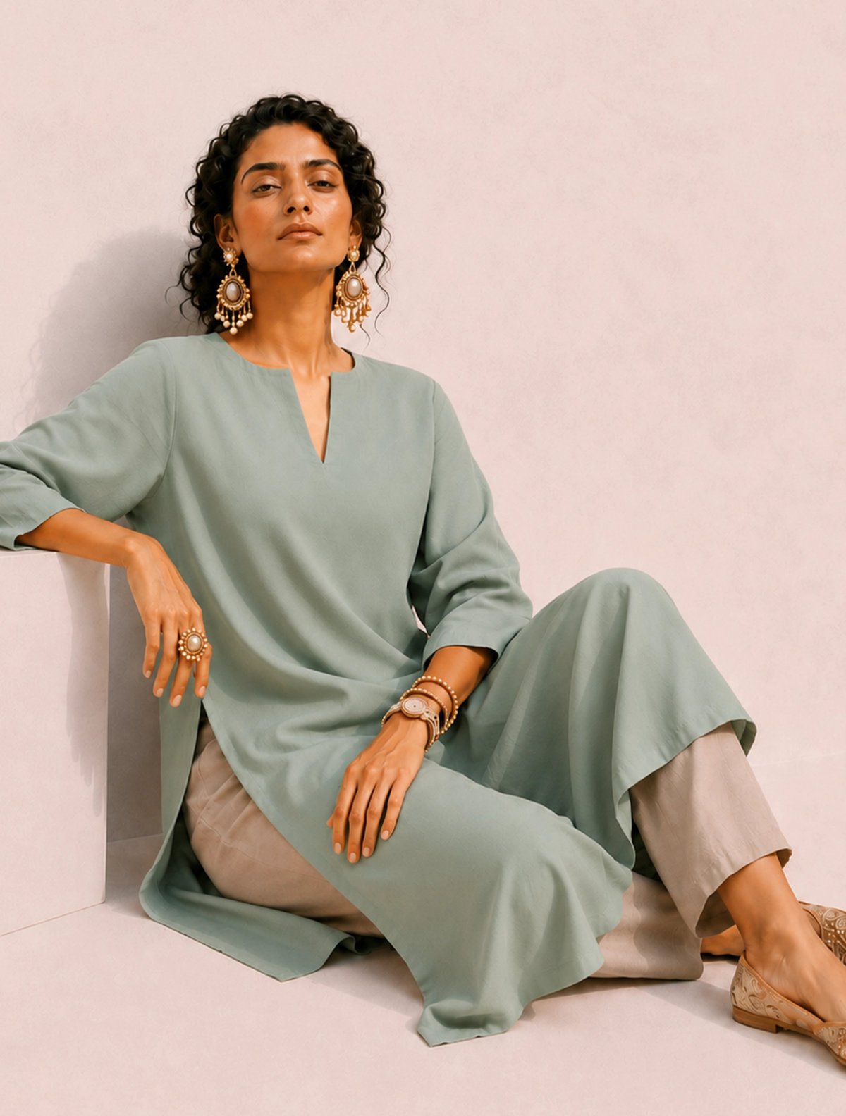 Green Solid Viscose High-Slit Kurta Set