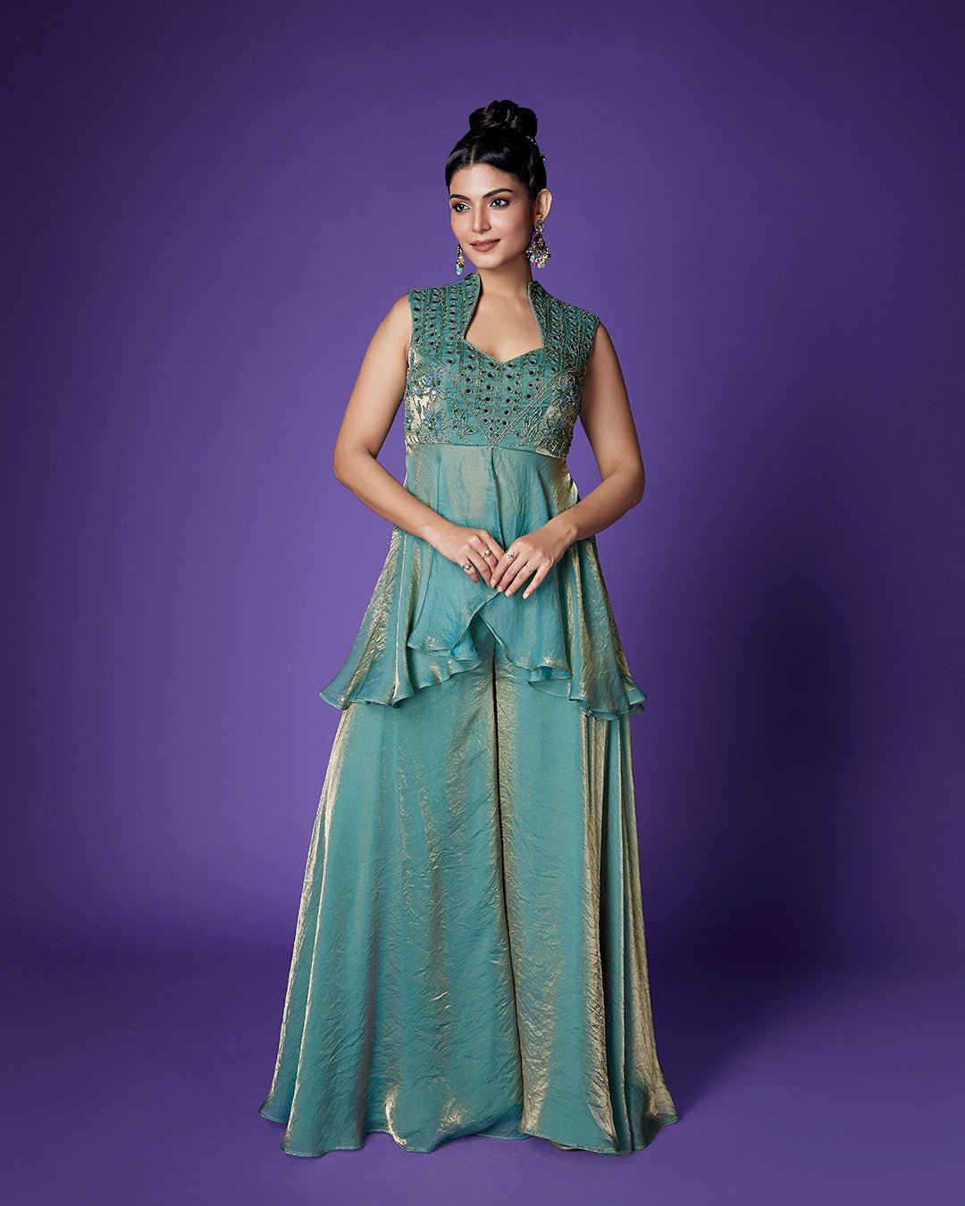 Sea Green Shimmer Tissue Peplum and Sharara Co-ord Set