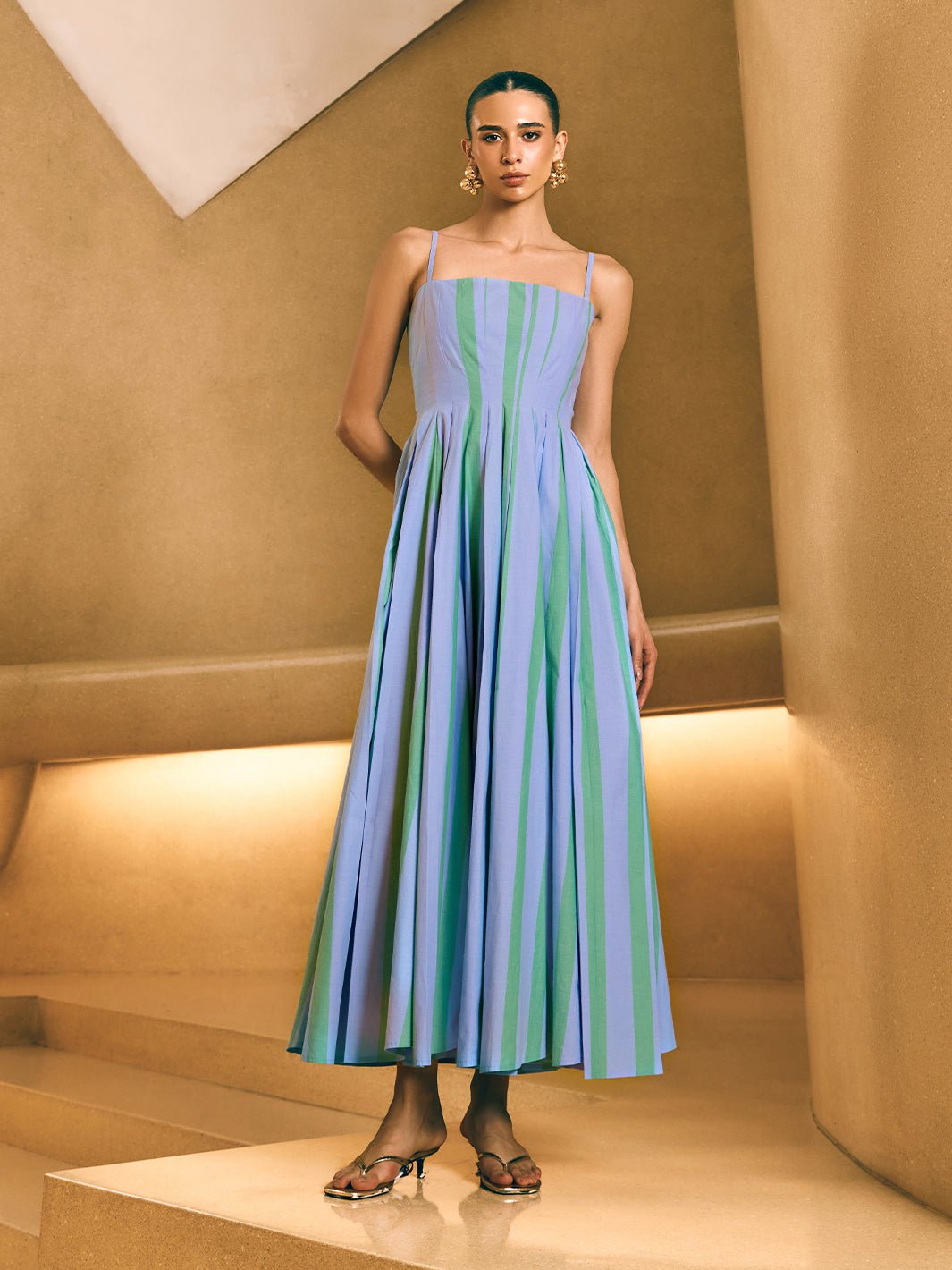 Blue and Green Colorblocked Fit and Flare Maxi Dress