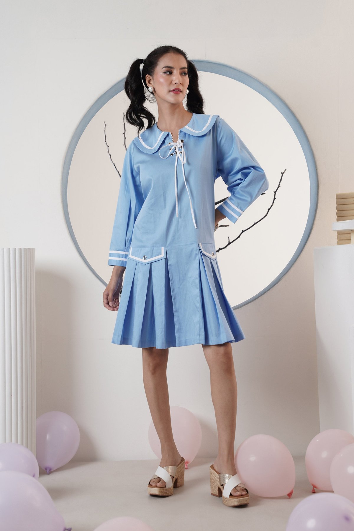 Powder Blue Peter Pan Collar Pleated Mini Dress