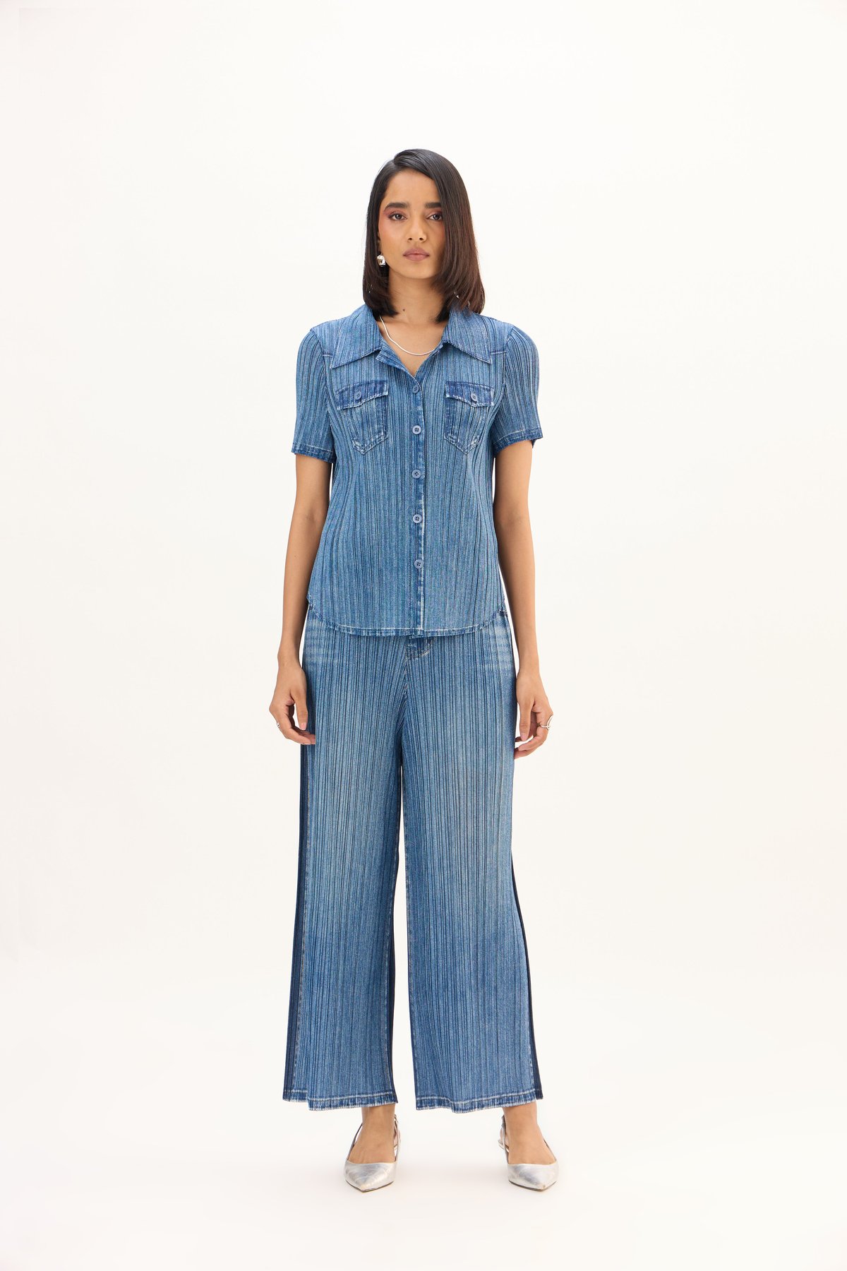Blue Pleated Shirt and Wide-Leg Pants Co-ord Set
