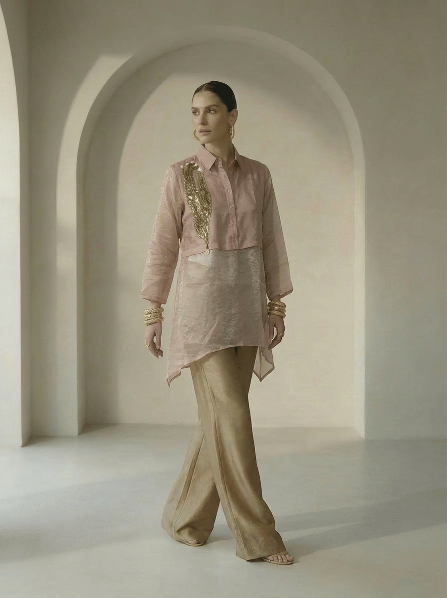 Peach Longline Asymmetrical Shirt with Sequin Patch