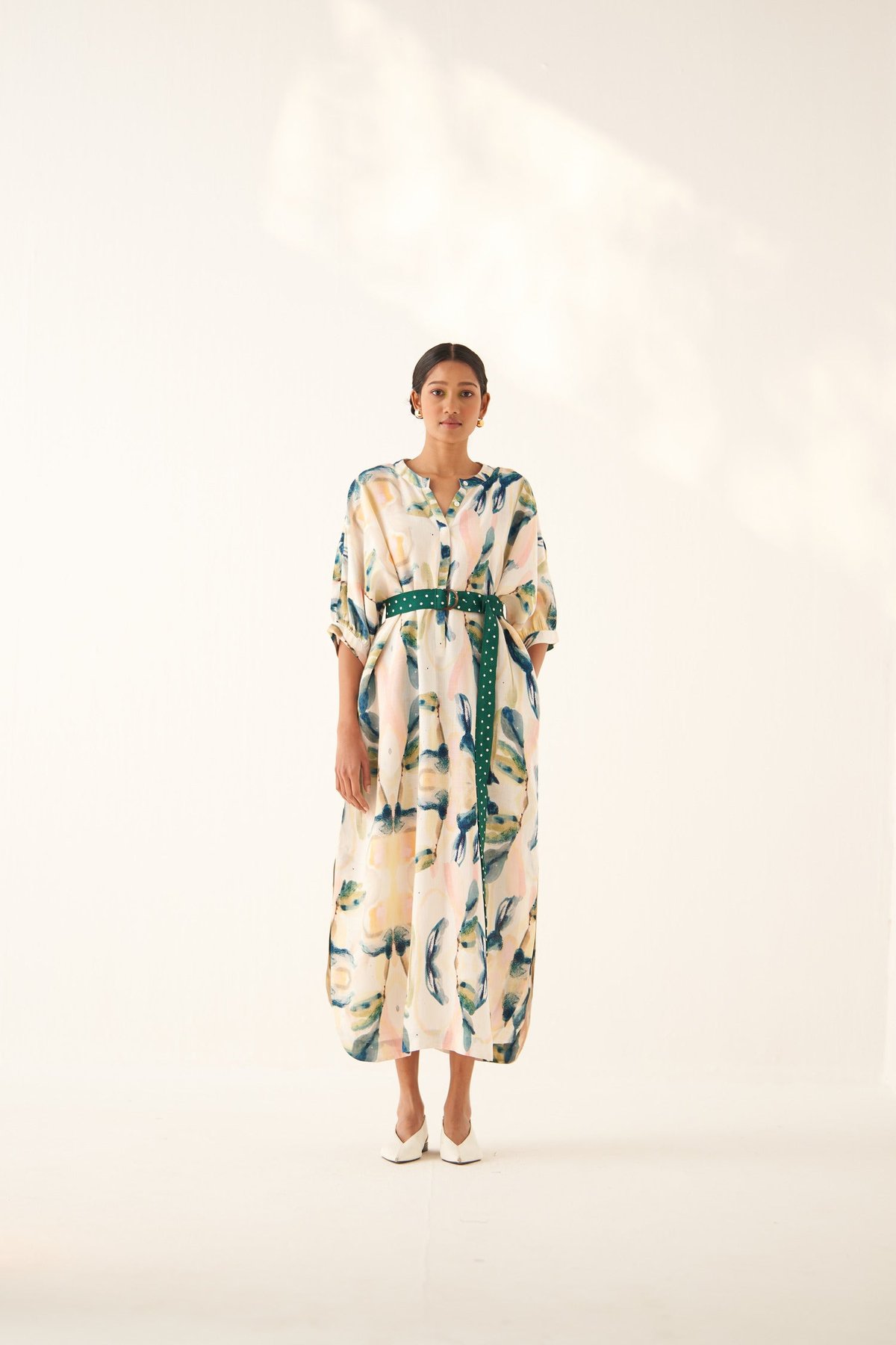 Off-White Abstract Printed Midi Dress with Mandarin Collar