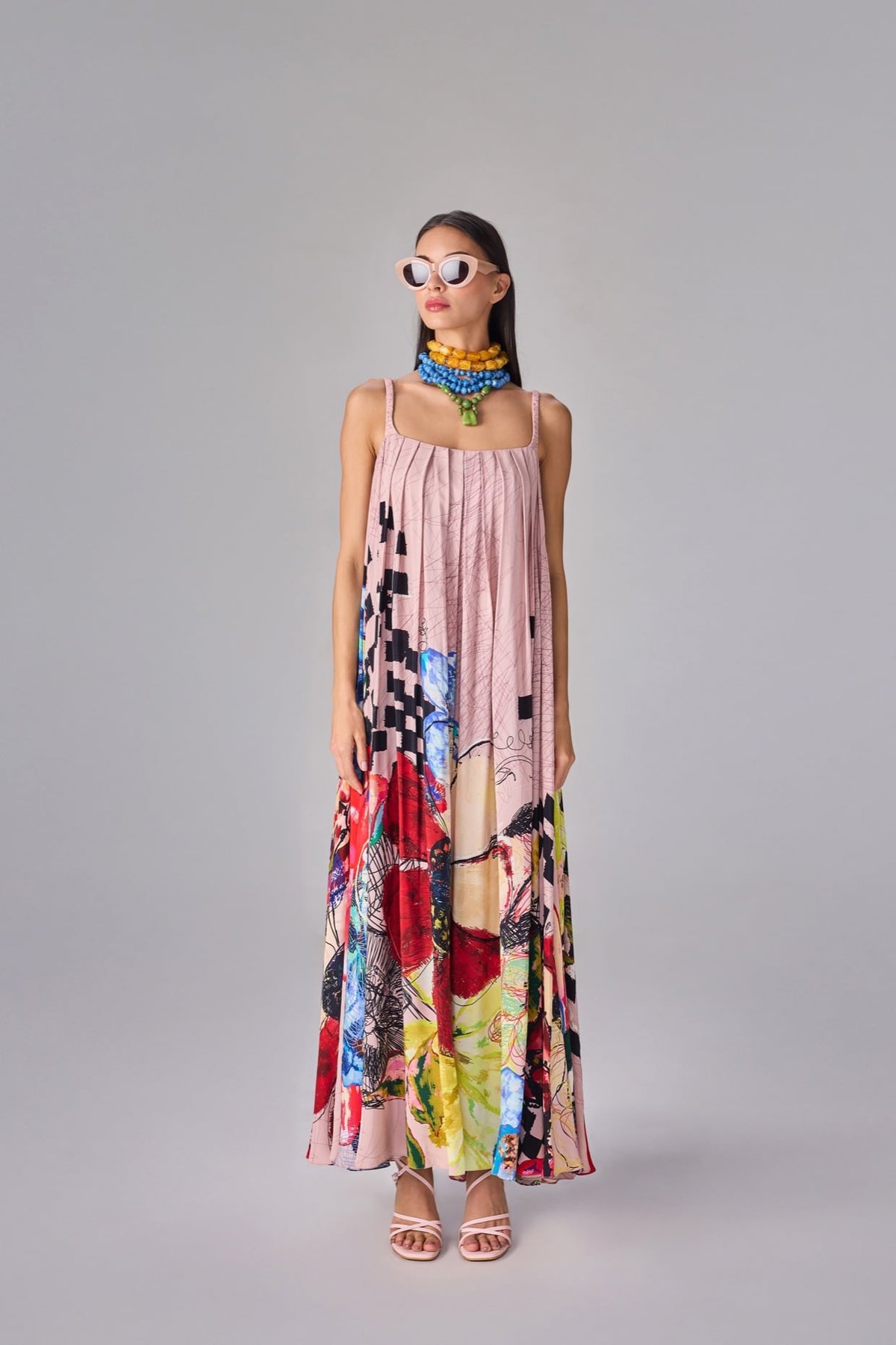 Light Pink Multi Floral Abstract Print Swing Maxi Dress
