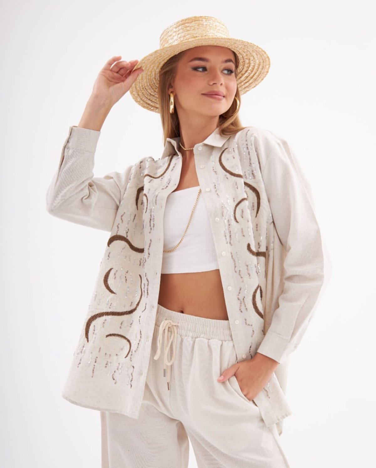 Beige Shirt With Zig Zag Work