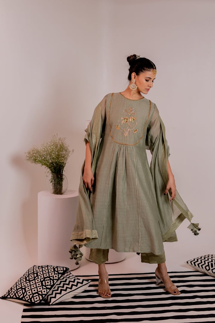 Olive Green Chanderi Embroidered Kurta Set with Dupatta
