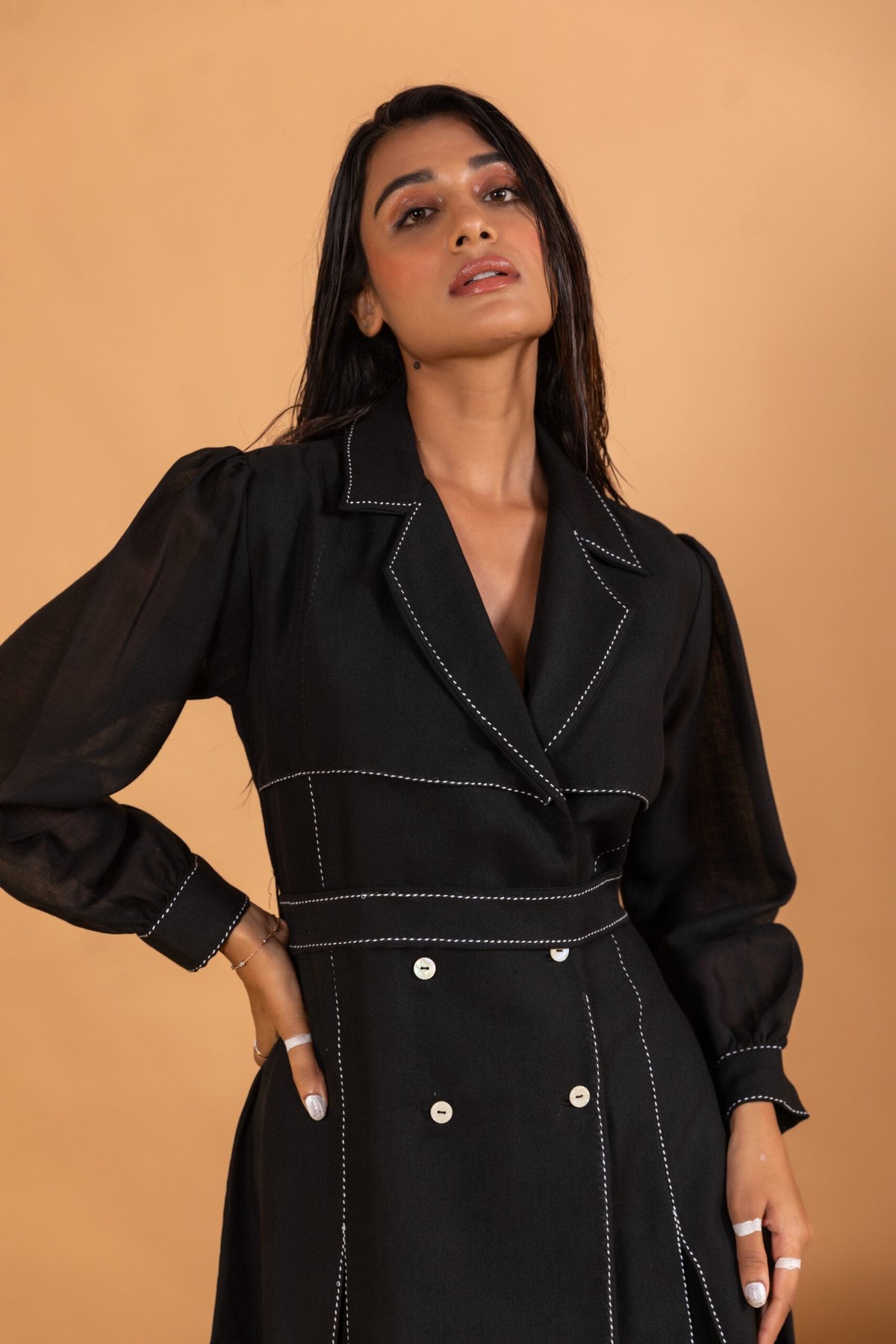 Black Linen Blend Belted Midi Shirt Dress