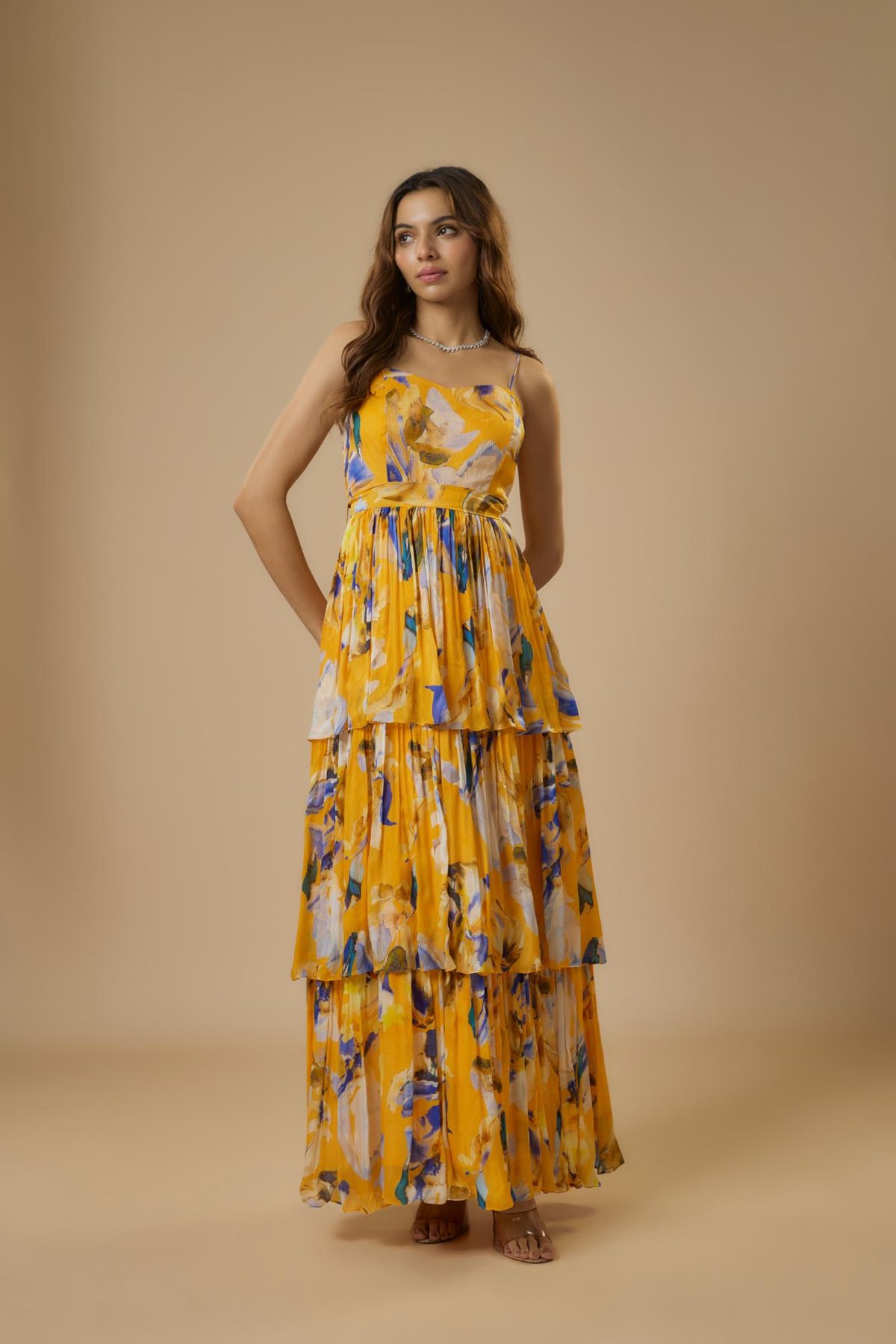 Yellow Abstract Print Tiered Ruffle Maxi Dress