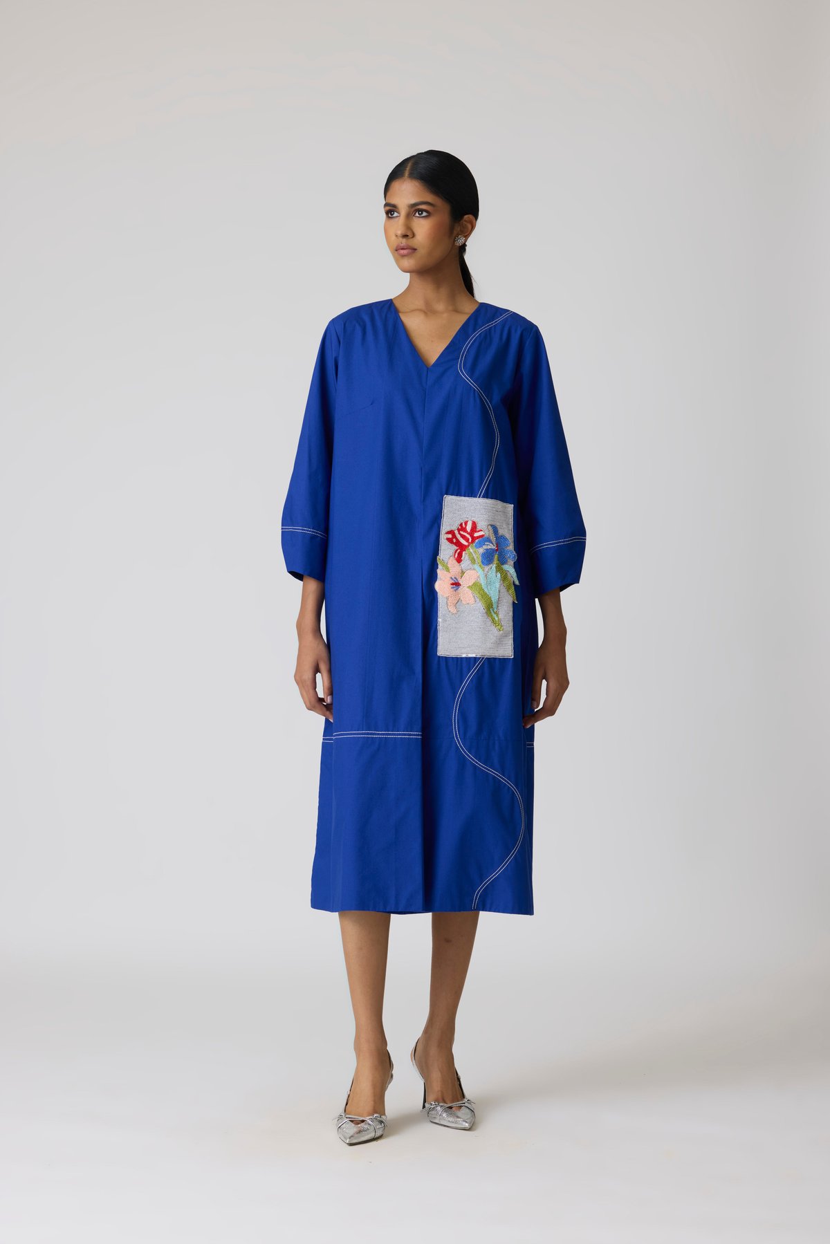 Cosmic Blue A-Line Midi Dress with Embroidered Applique
