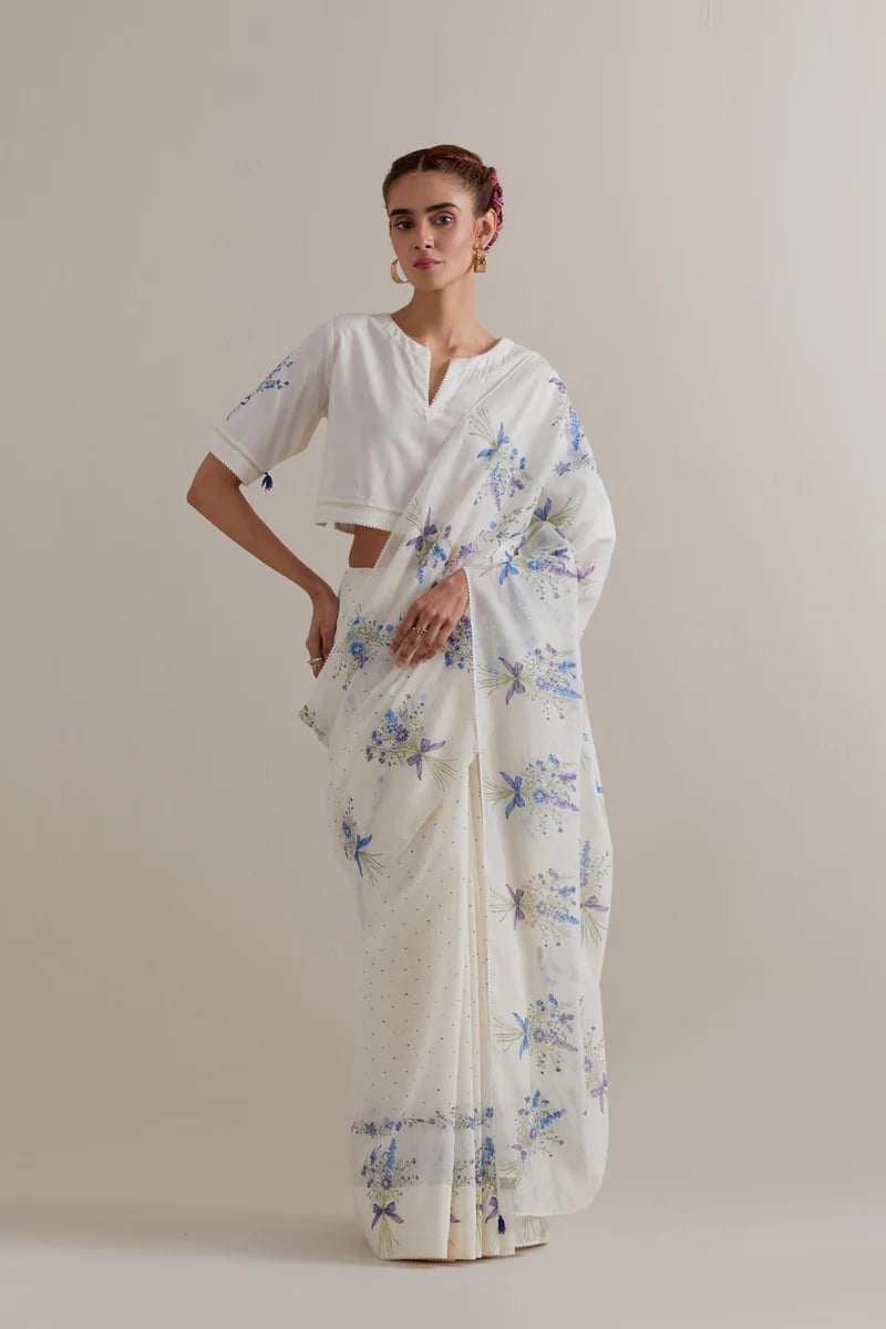 Off-White Blue Floral Printed Saree with Blouse Piece