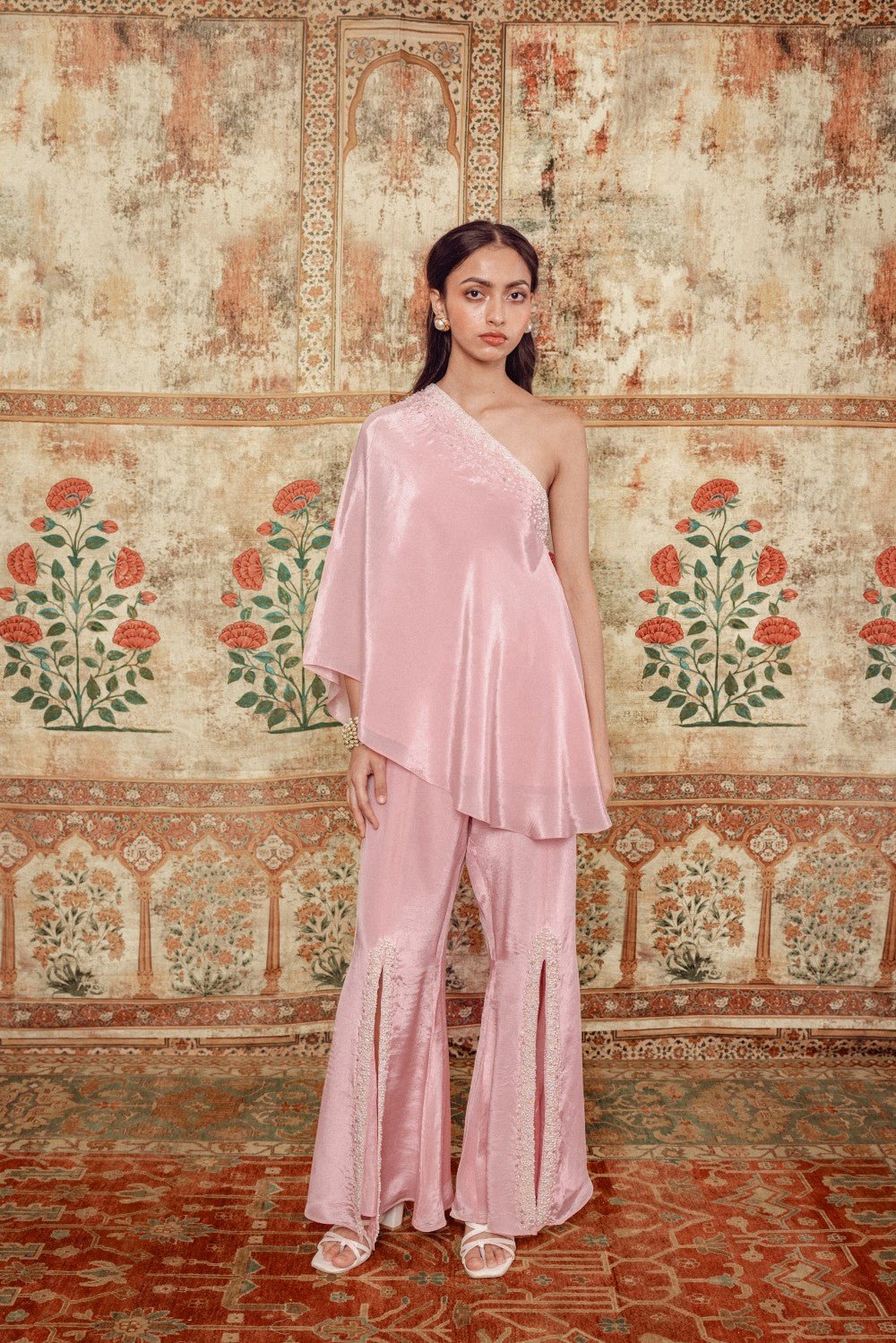 Pink One-Shoulder Tunic and Flared Pants Co-ord Set