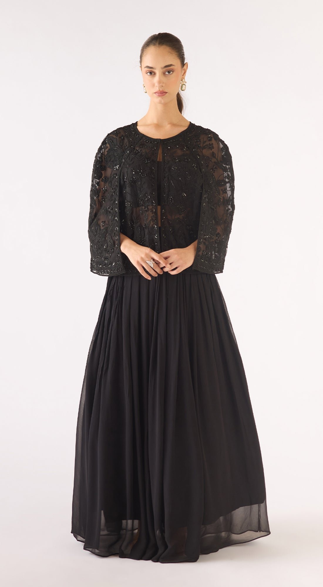 Black Georgette Embroidered Sharara Co-ord Set with Jacket