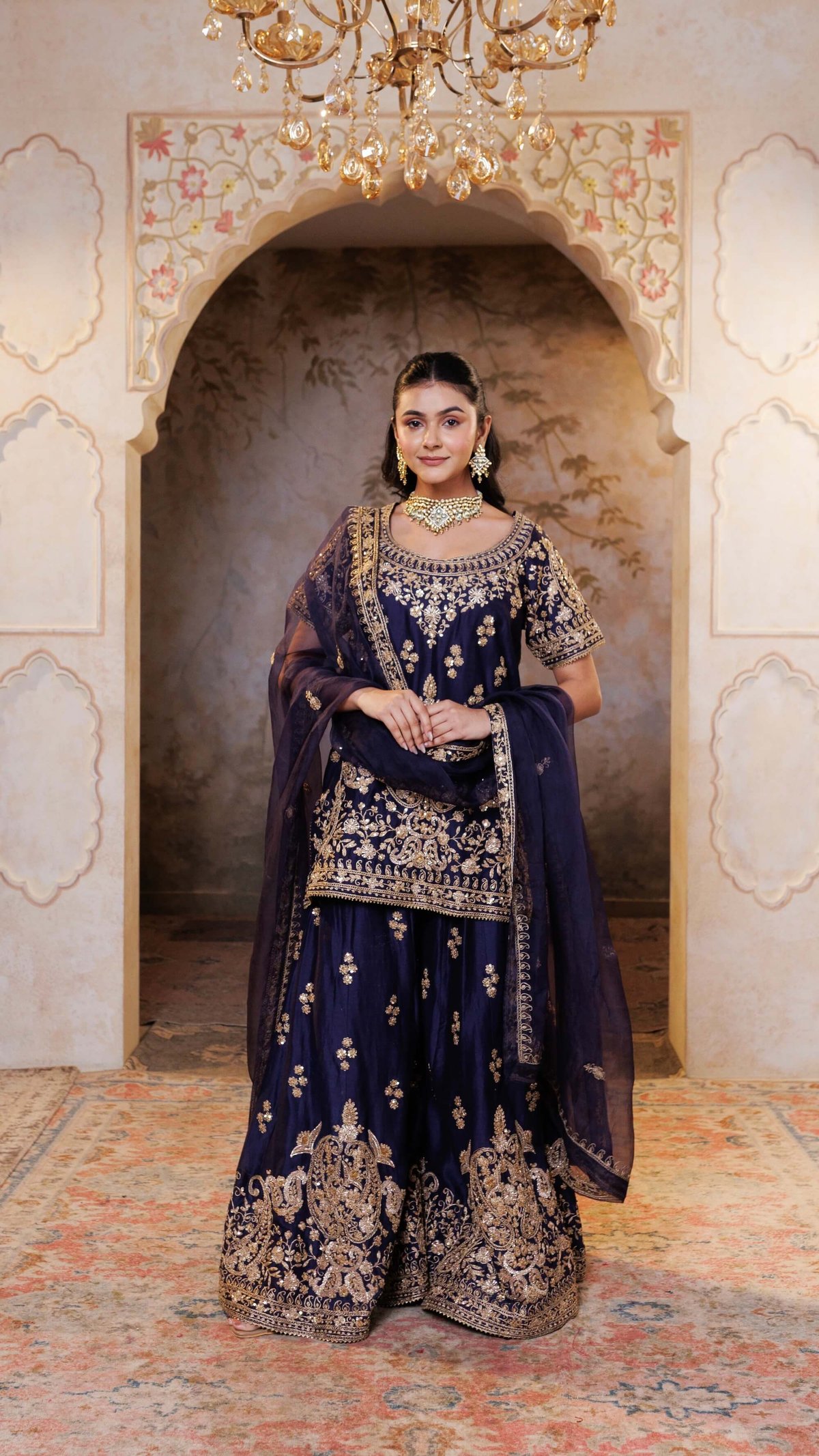 Navy Gul Embroidered Sharara Set